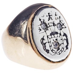 White Diamond Crest Signet Ring Sterling Silver Bronze Unisex J Dauphin