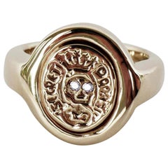 White Diamond Crest Signet Ring Skull Gold Vermeil Victorian Style J Dauphin