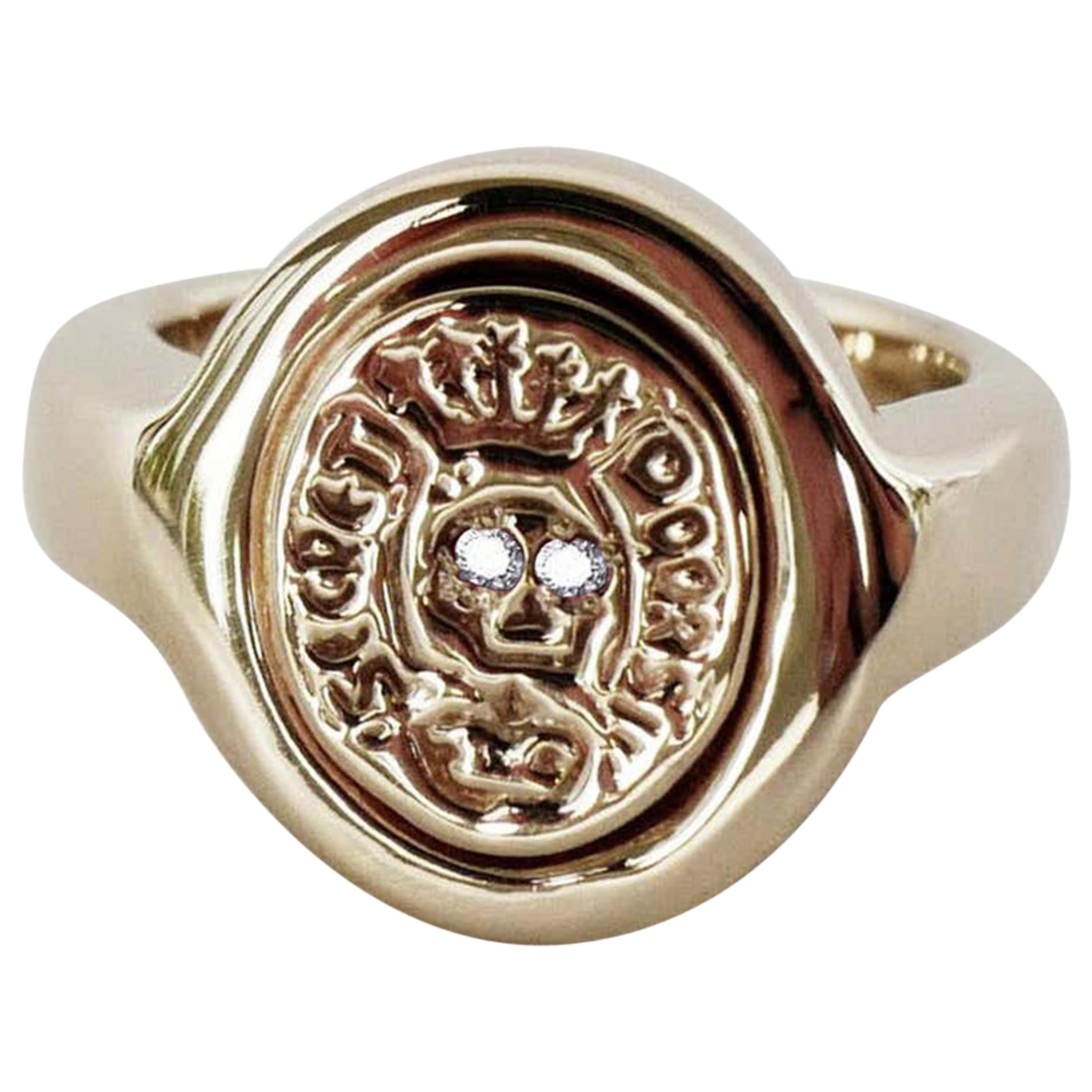Anillo de sello con cresta de diamante blanco Calavera Vermeil de oro estilo victoriano J Dauphin
