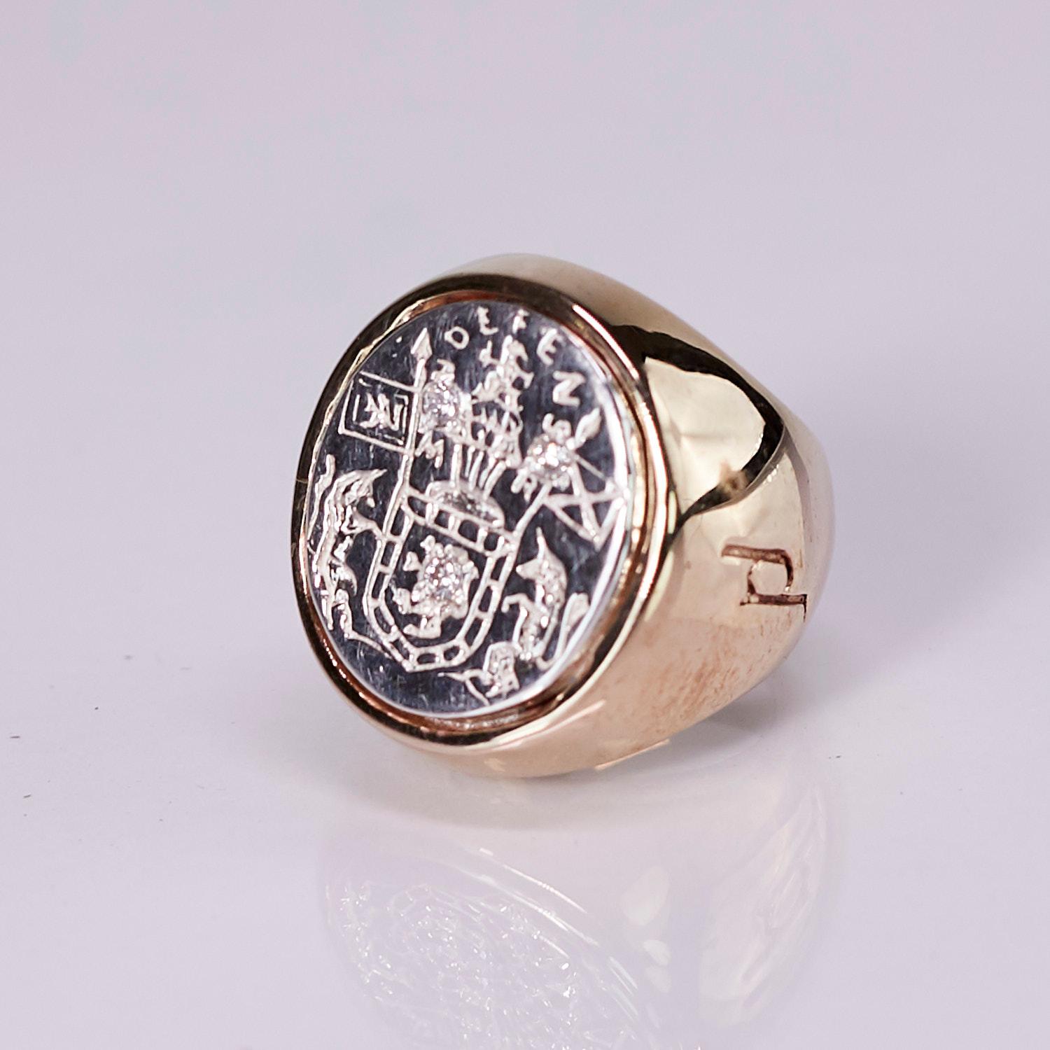 White Diamond Crest Signet Ring Sterling Silver Bronze Unisex J Dauphin In New Condition For Sale In Los Angeles, CA