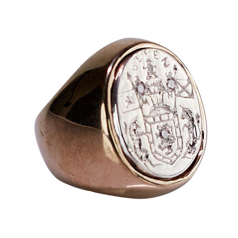 J Dauphin, bague sigillaire unisexe en argent sterling et bronze avec crête de diamants blancs en vente