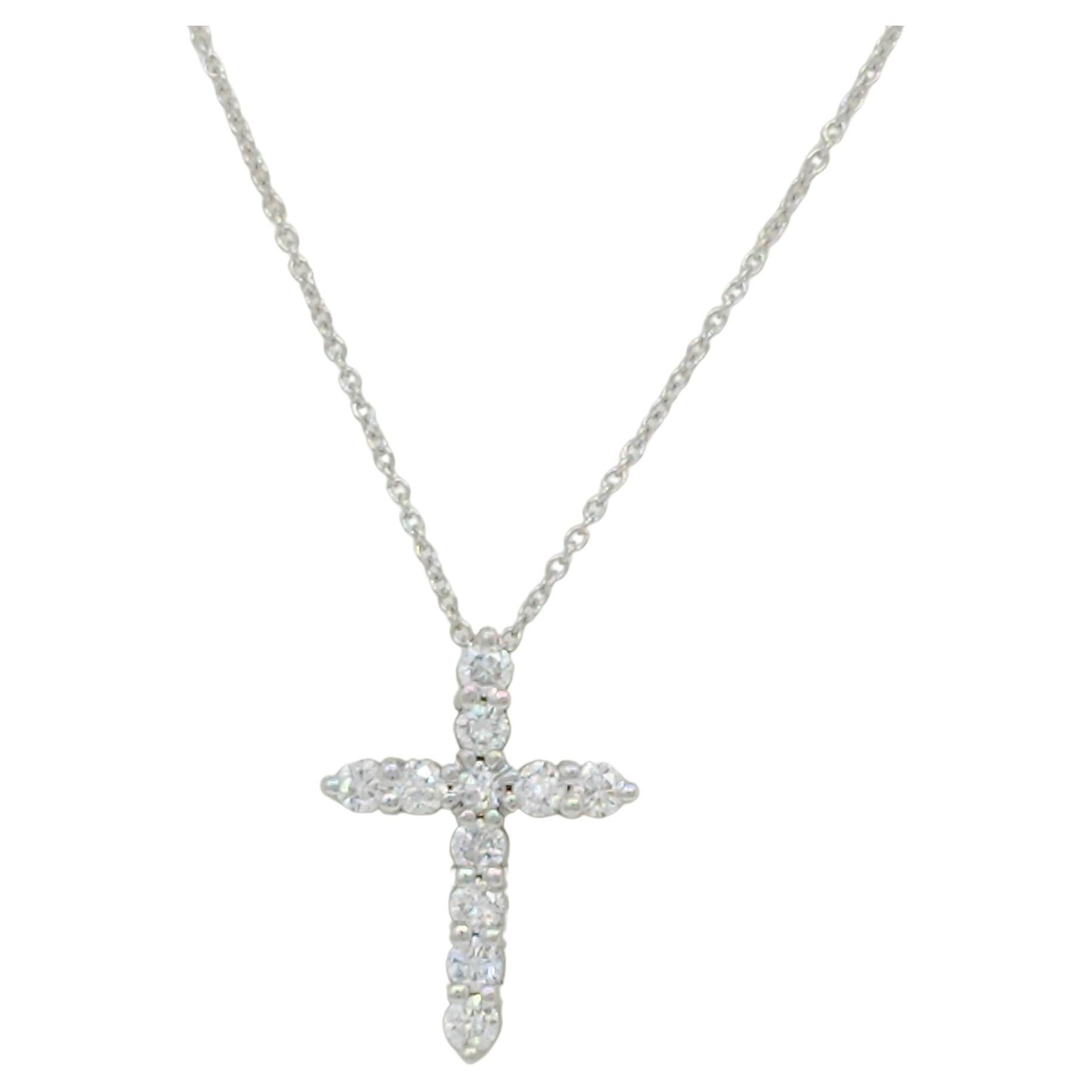 14 Karat White Gold Budded Diamond Cross Necklace at 1stDibs