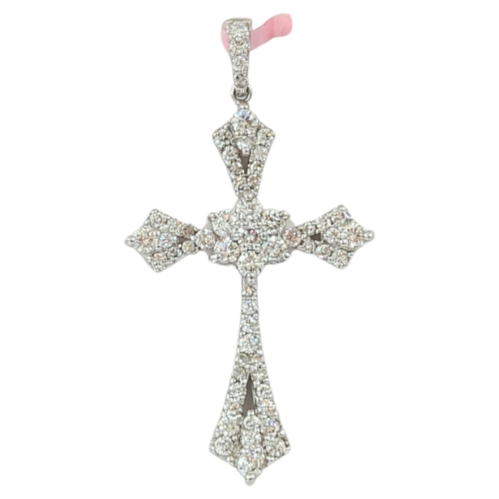 White Diamond Cross Pendant Necklace in 14K White Gold For Sale