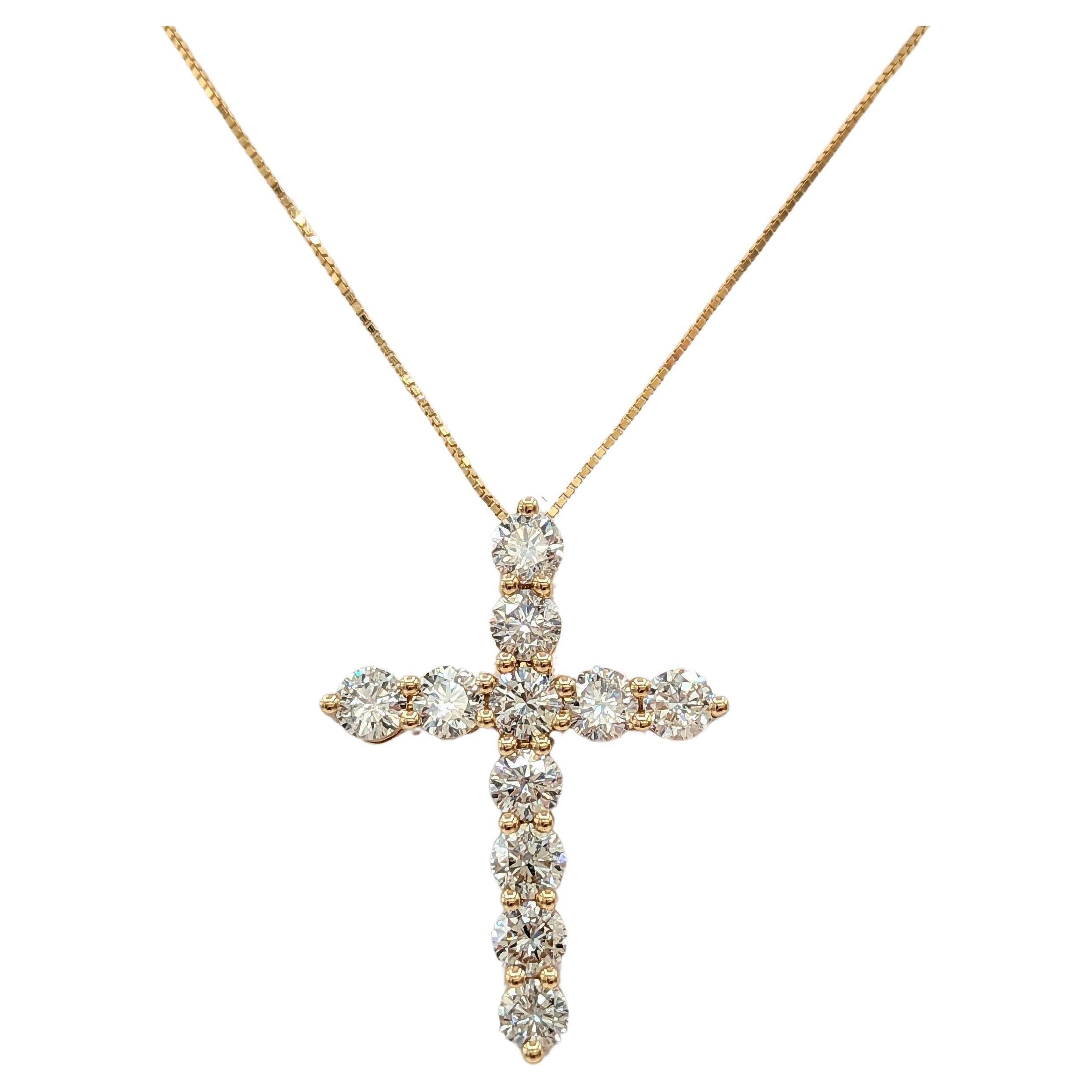 White Diamond Cross Pendant Necklace in 18K Yellow Gold For Sale