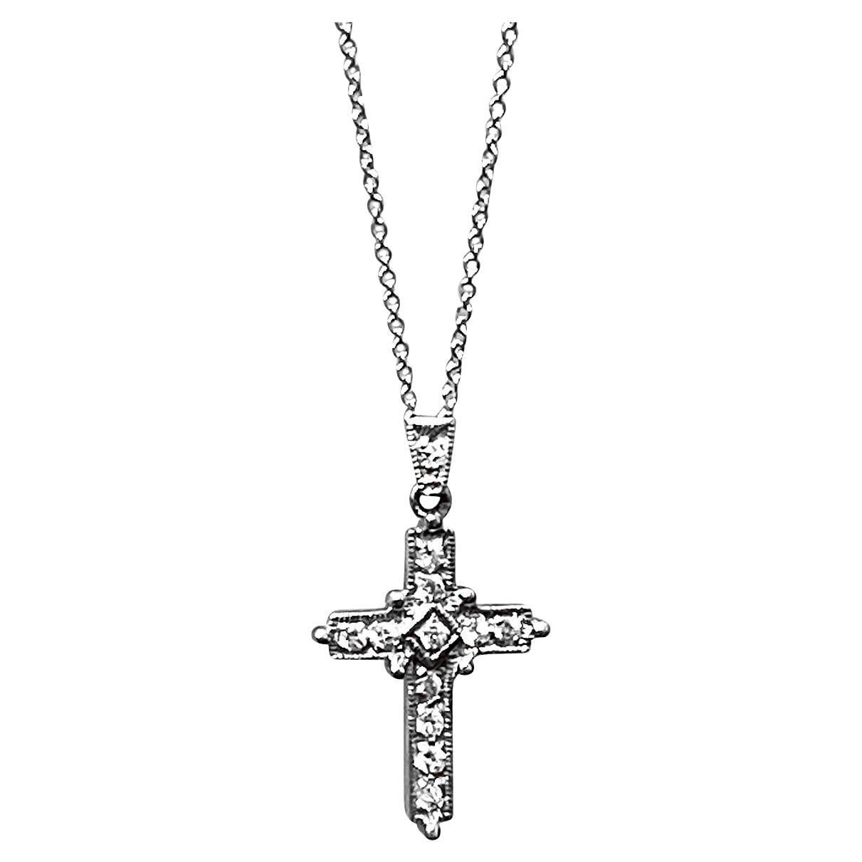 White Diamond Cross Pendant with White Gold Necklace 18 Karat White Gold For Sale