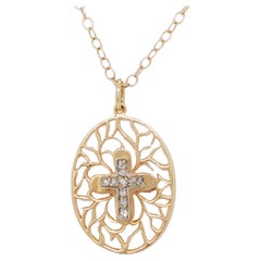 White Diamond Cross Woven into a Lace Gold Design Pendant Necklace in 14k Gold