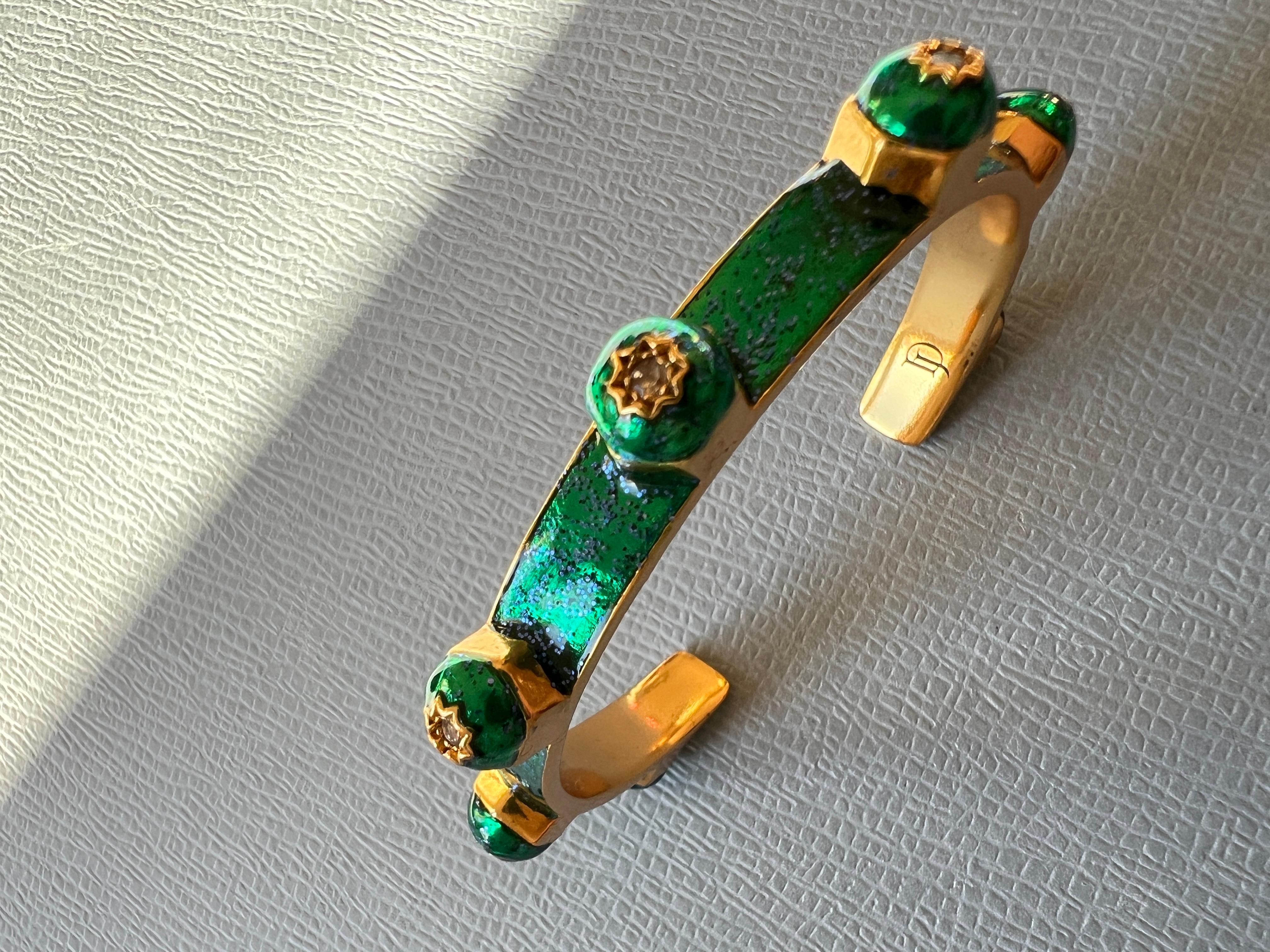White Diamond Cuff Bangle Bracelet Studs Enamel Emerald Green Glitter For Sale 5