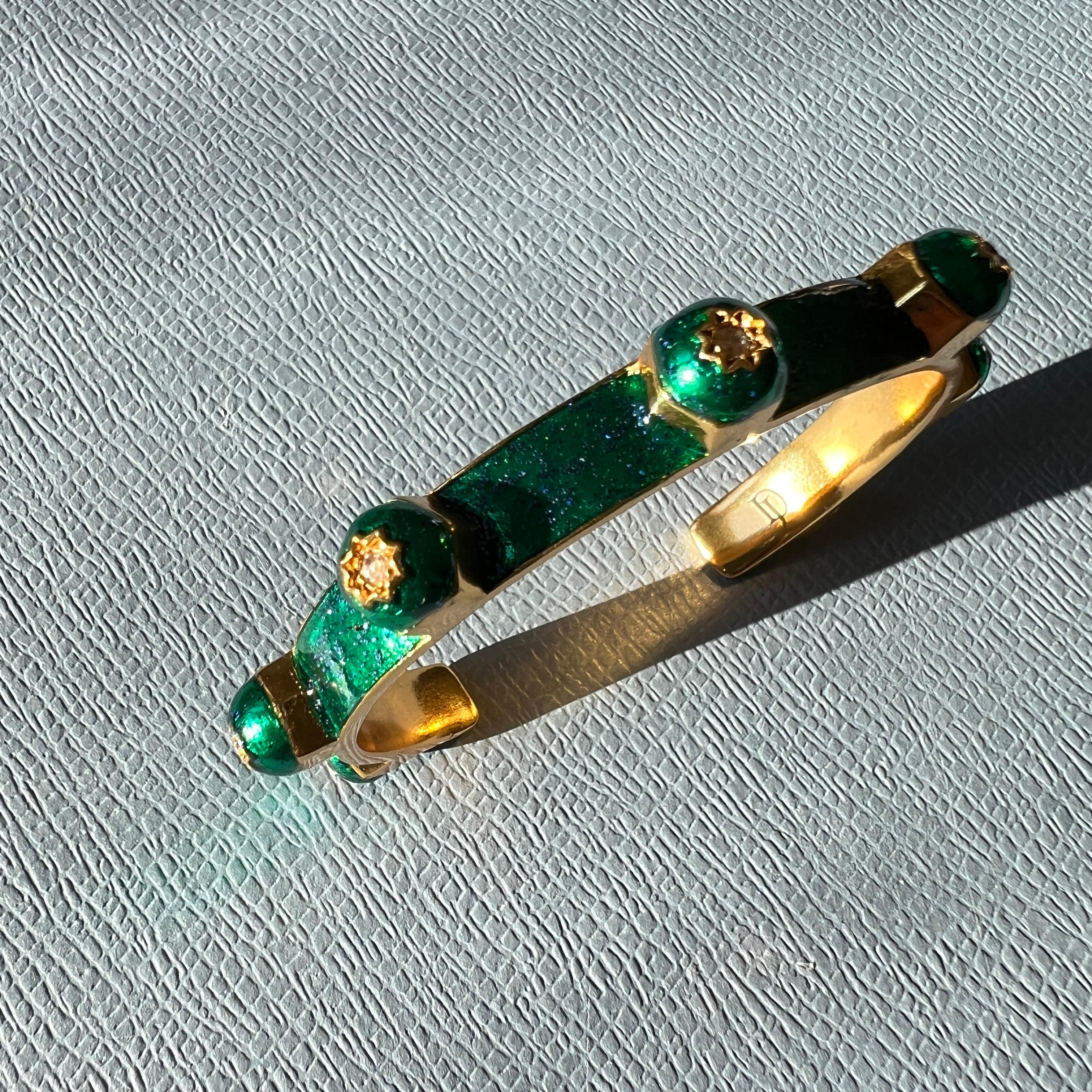 Victorian White Diamond Cuff Bangle Bracelet Studs Enamel Emerald Green Glitter For Sale