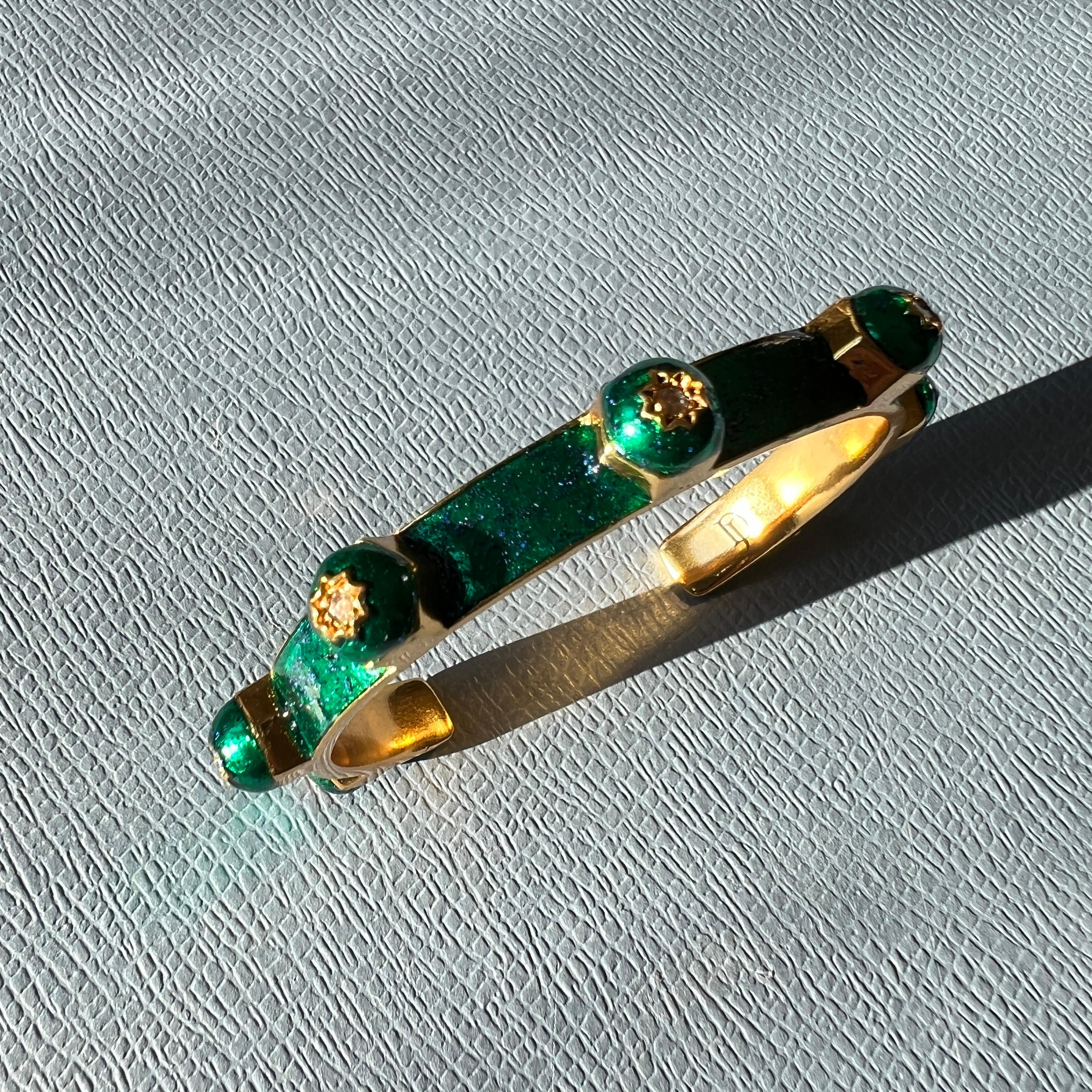 Brilliant Cut White Diamond Cuff Bangle Bracelet Studs Enamel Emerald Green Glitter For Sale