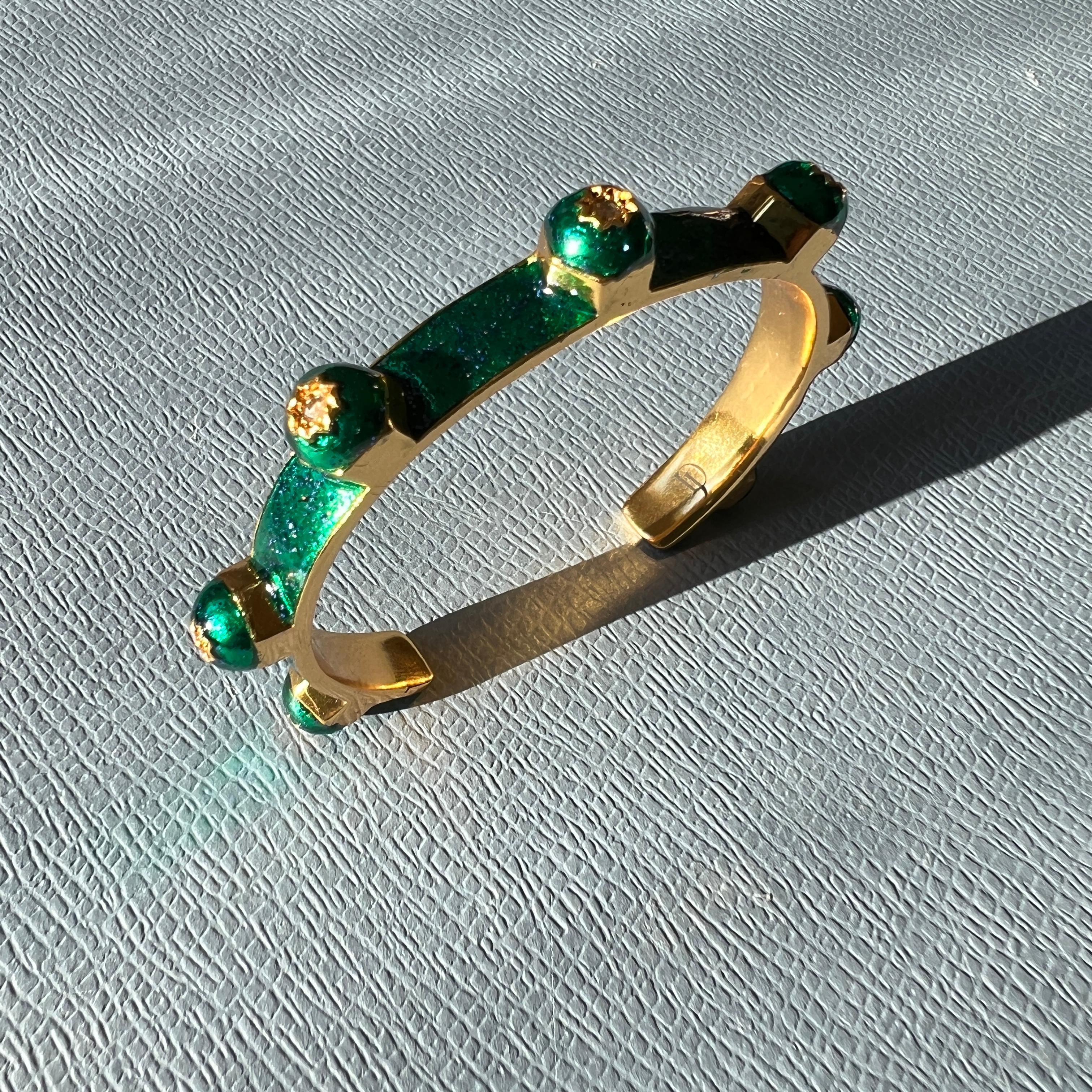 Women's White Diamond Cuff Bangle Bracelet Studs Enamel Emerald Green Glitter For Sale