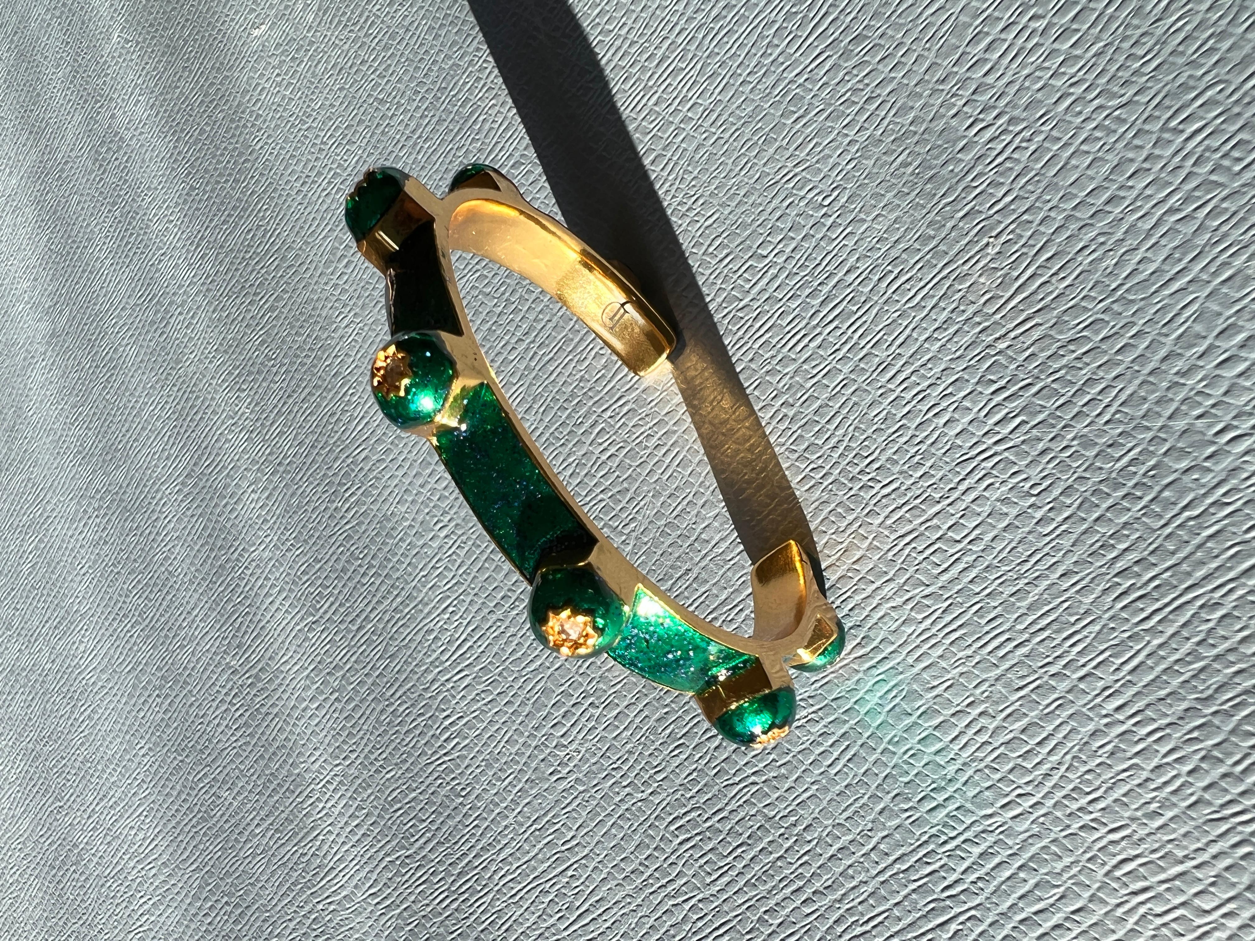White Diamond Cuff Bangle Bracelet Studs Enamel Emerald Green Glitter For Sale 1