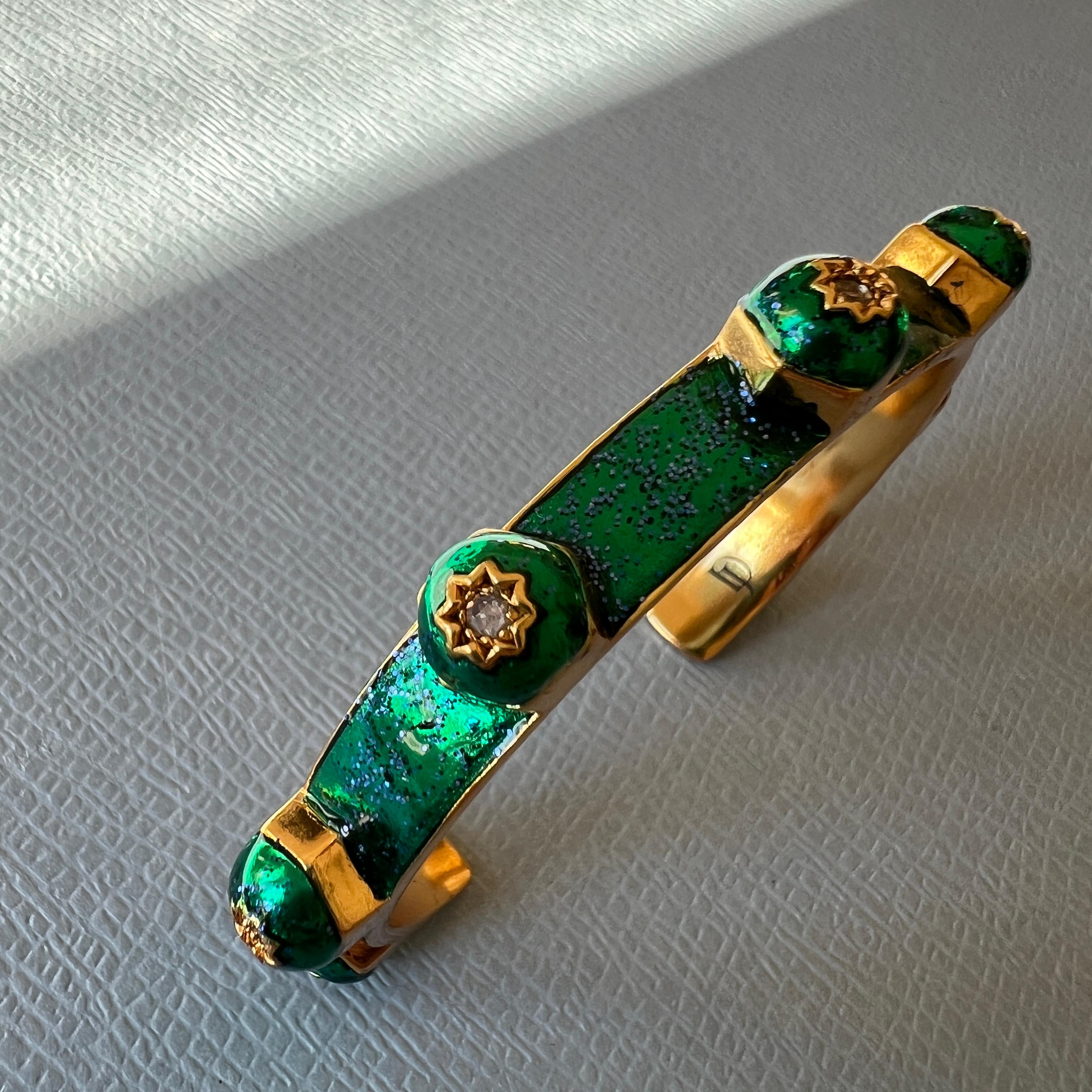 White Diamond Cuff Bangle Bracelet Studs Enamel Emerald Green Glitter For Sale 2
