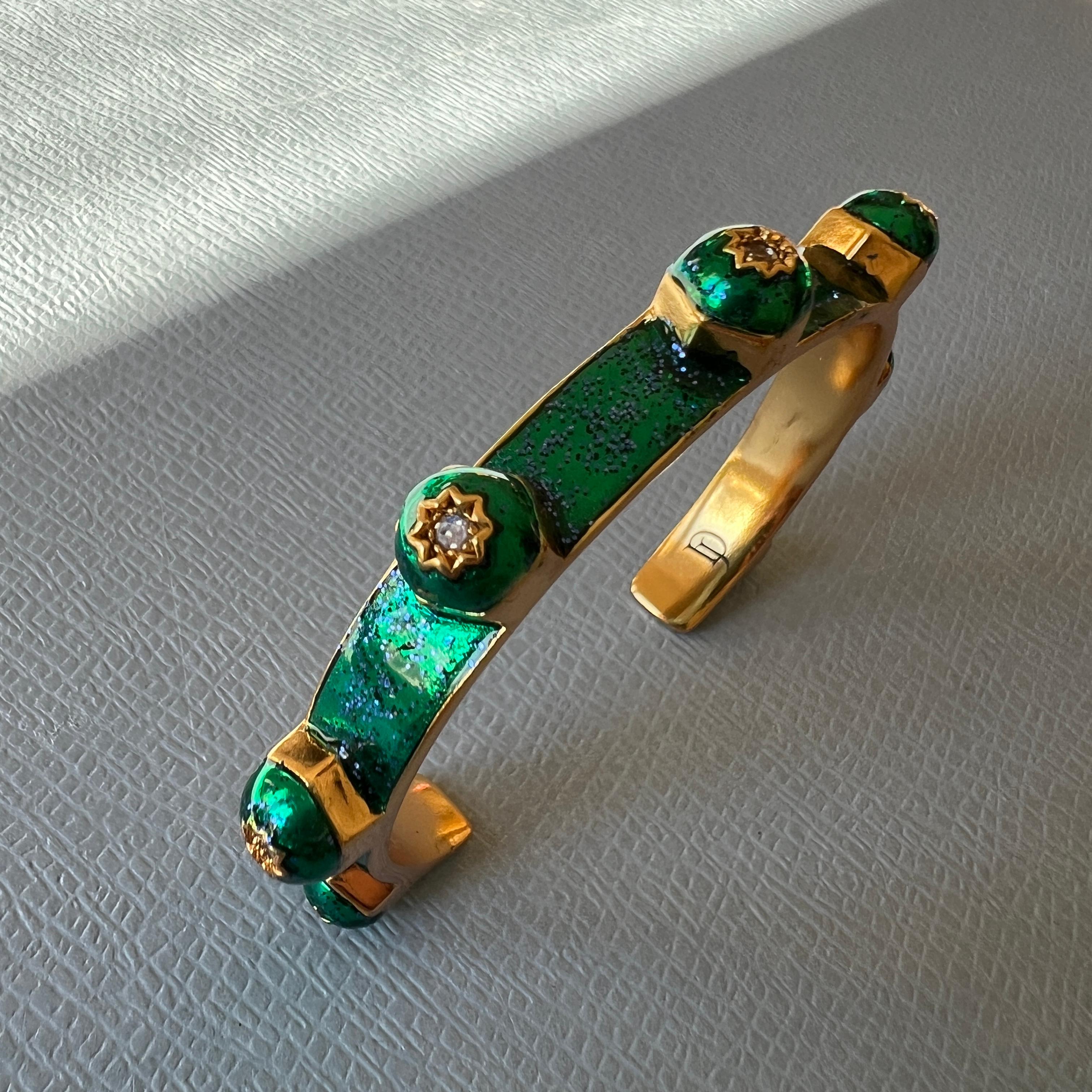 White Diamond Cuff Bangle Bracelet Studs Enamel Emerald Green Glitter For Sale 3
