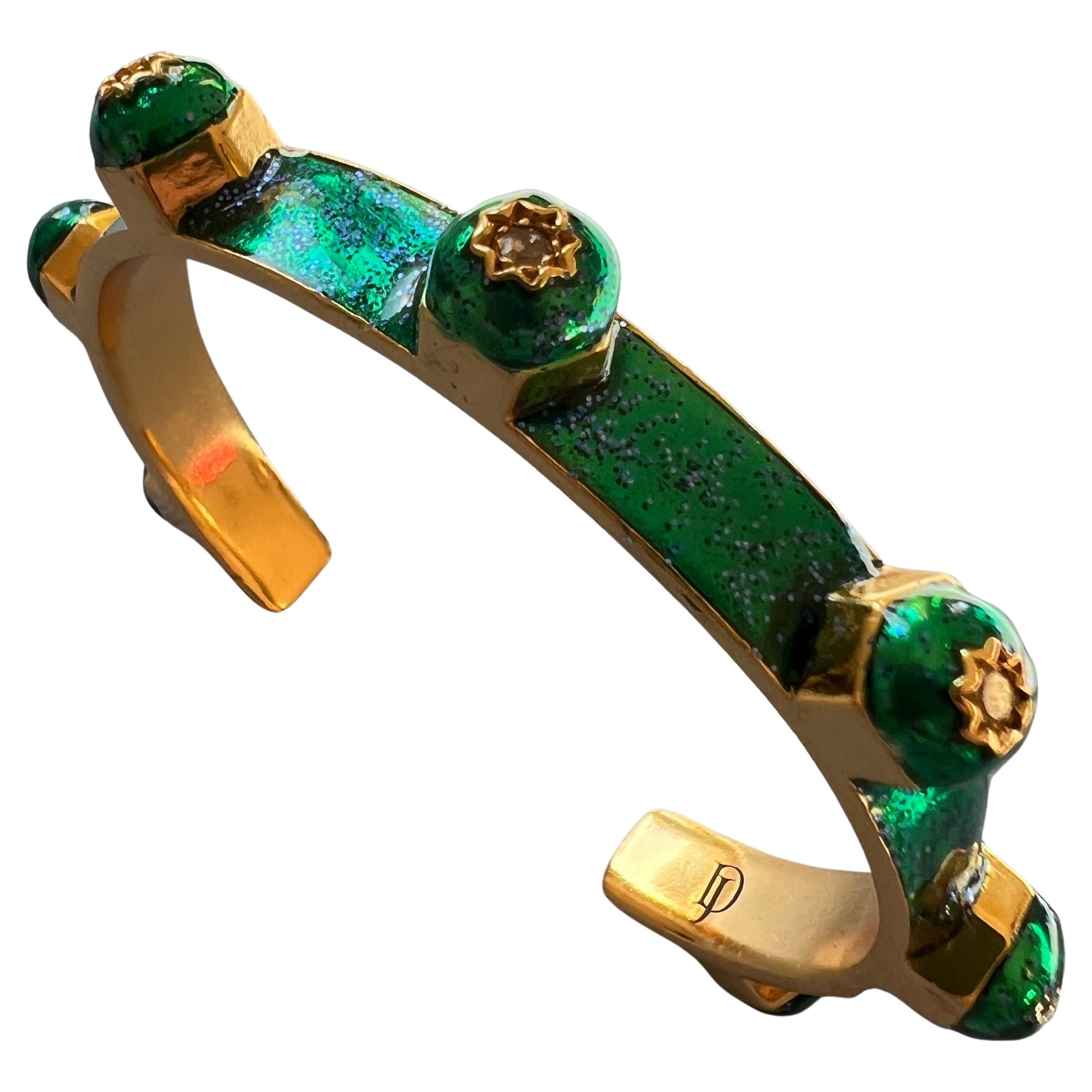 White Diamond Cuff Bangle Bracelet Studs Enamel Emerald Green Glitter