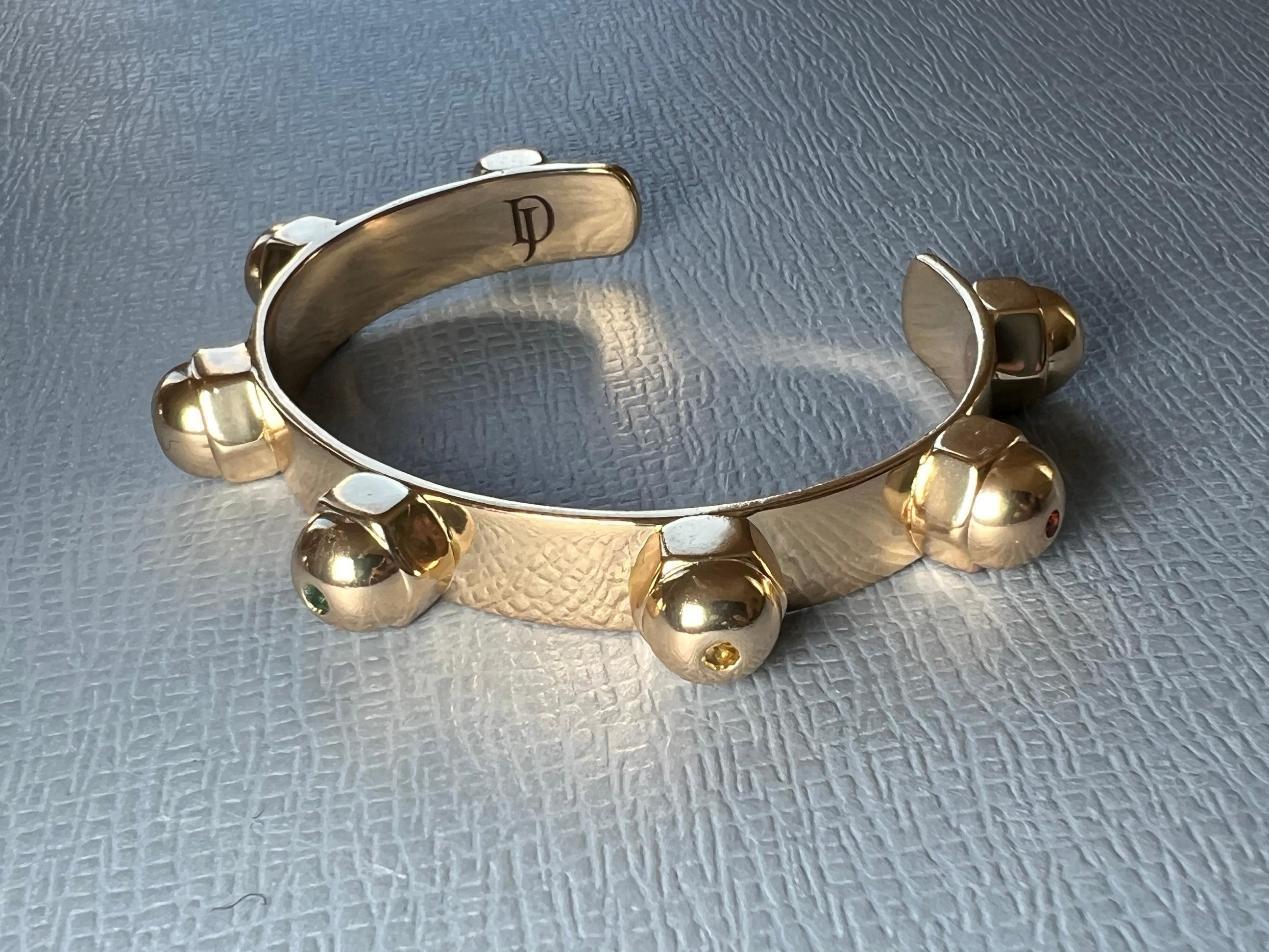 Art Deco Gold Plate Cuff Bracelet White Diamond Sapphire Emerald Chakra For Sale