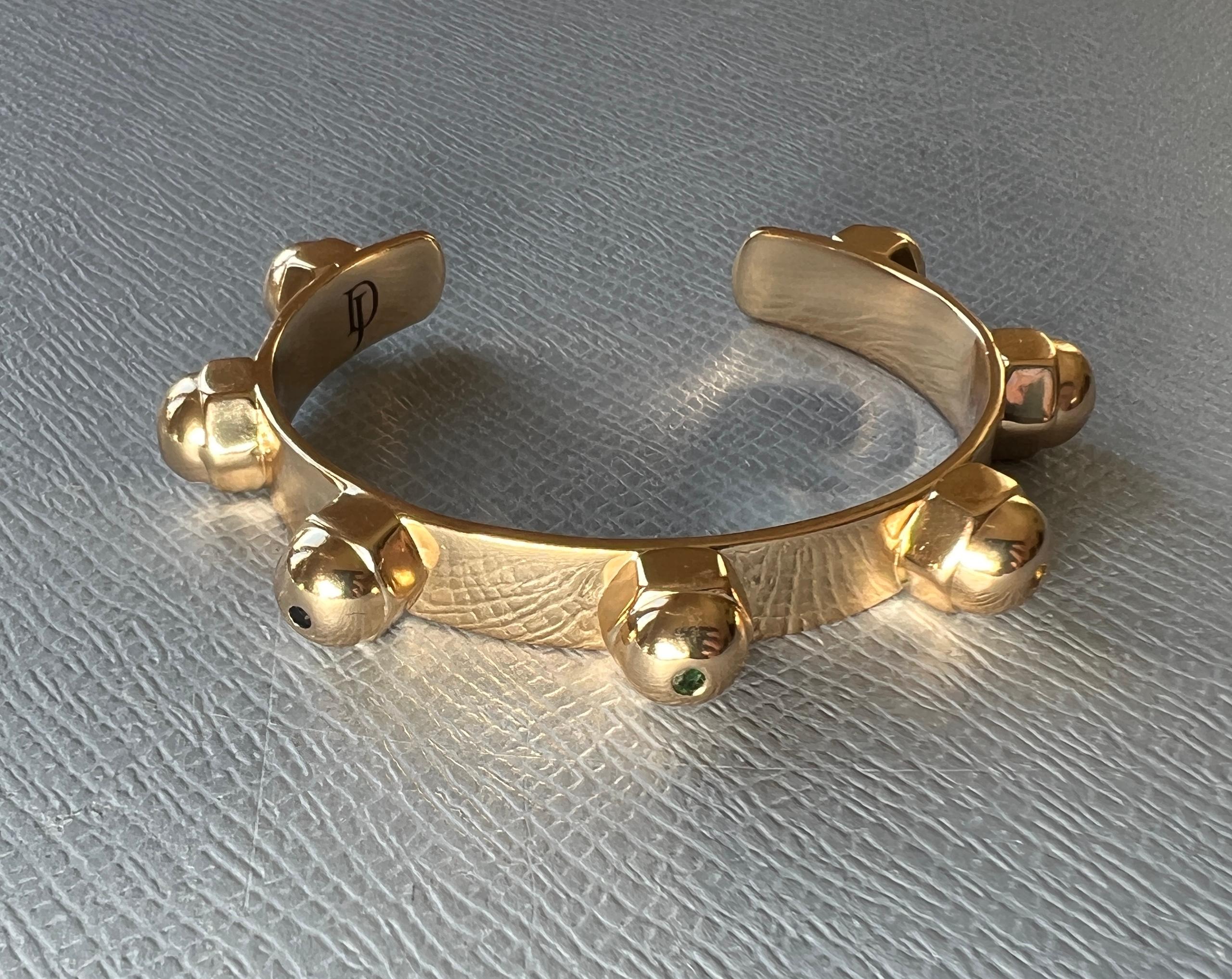 Brilliant Cut Gold Plate Cuff Bracelet White Diamond Sapphire Emerald Chakra For Sale