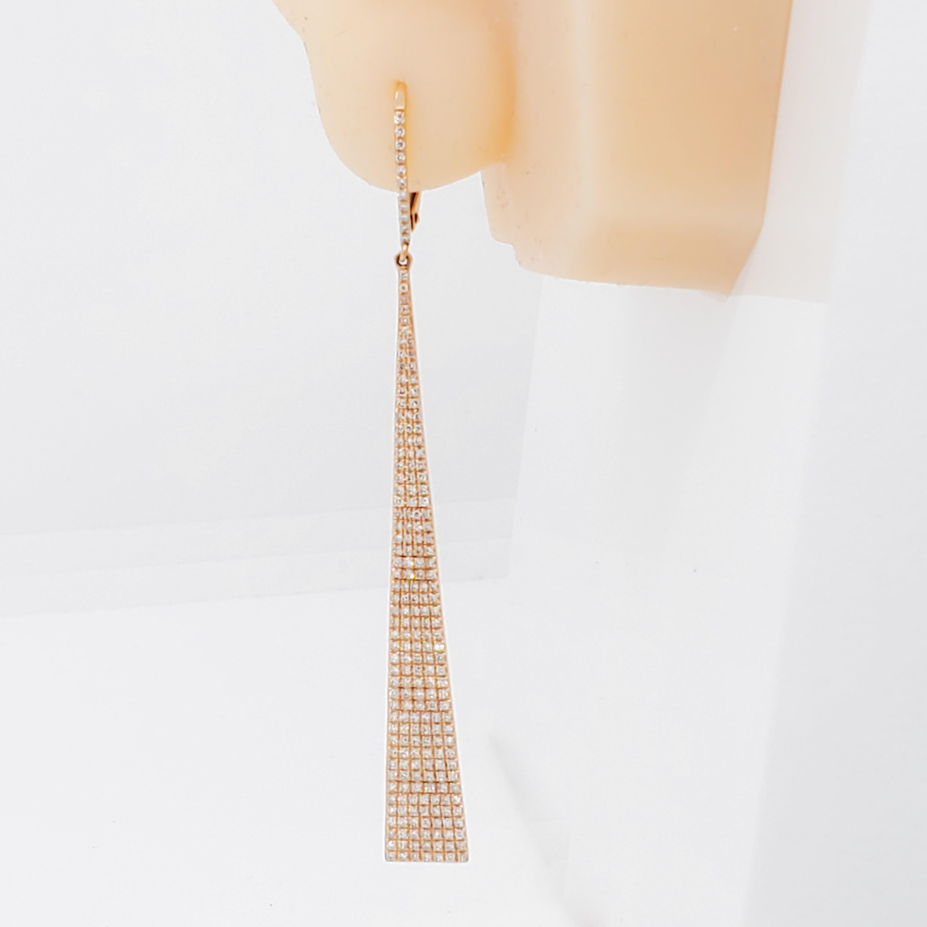 Round Cut White Diamond Dangle Earrings in 14k Rose Gold For Sale