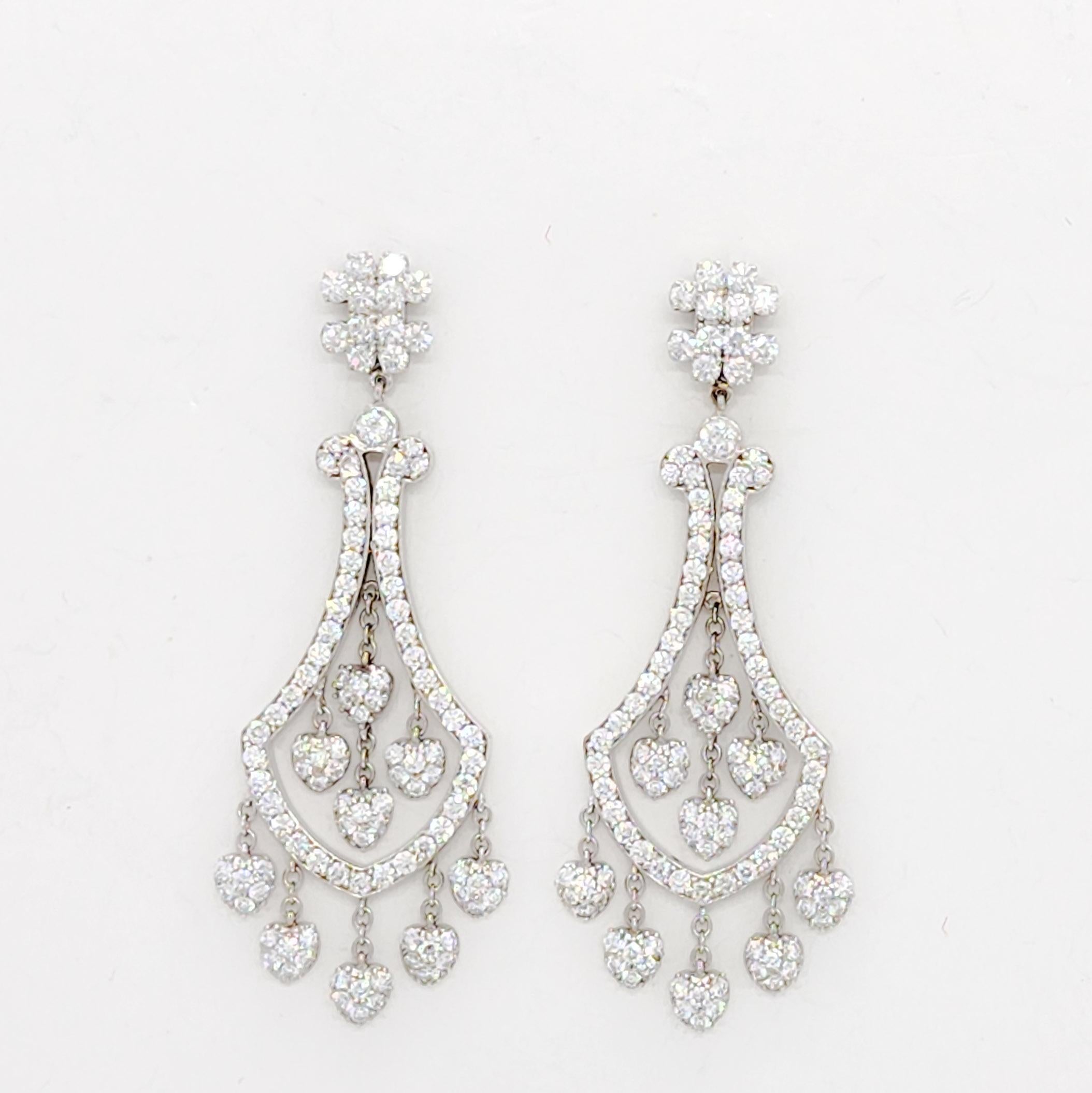 Beautiful white diamond dangle earrings with 214 stones weighing 5.00 ct.  Handmade in 18k white gold.