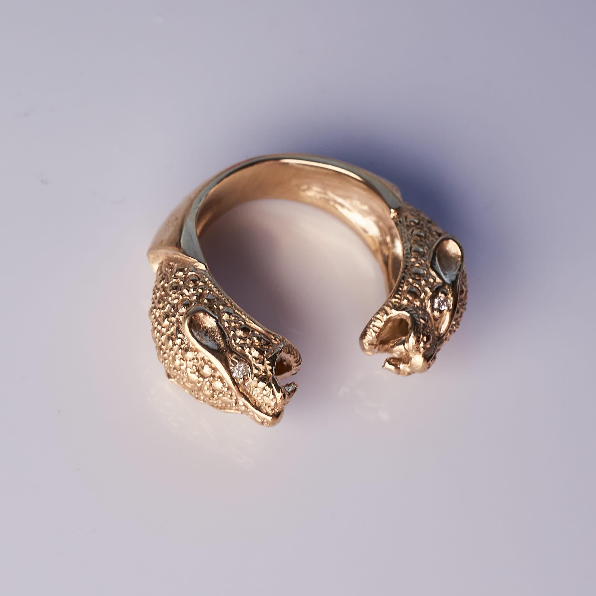 White Diamond Double Head Jaguar Ring Gold Animal Cocktail Ring J Dauphin For Sale 1