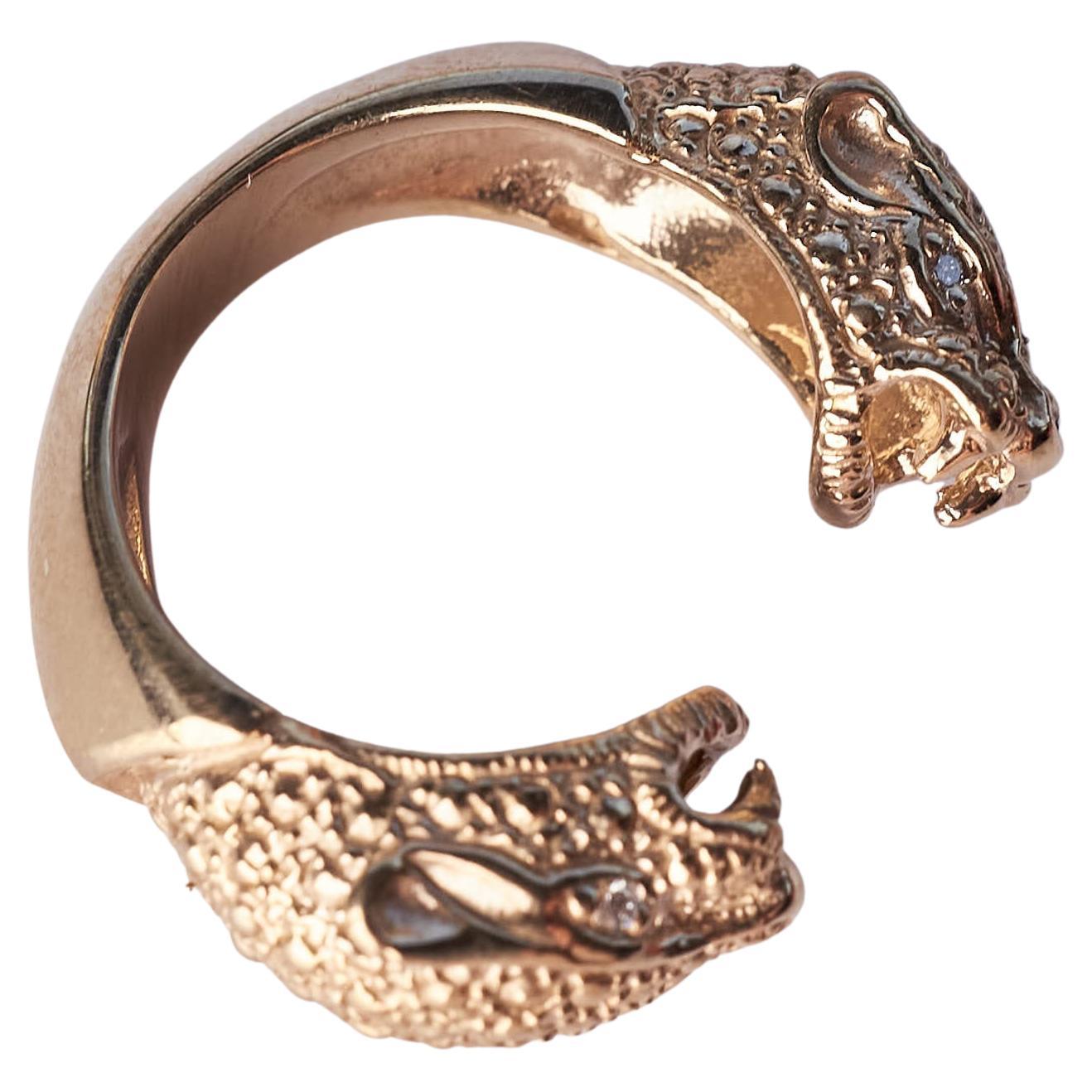 White Diamond Double Head Jaguar Ring Gold Animal Cocktail Ring J Dauphin For Sale