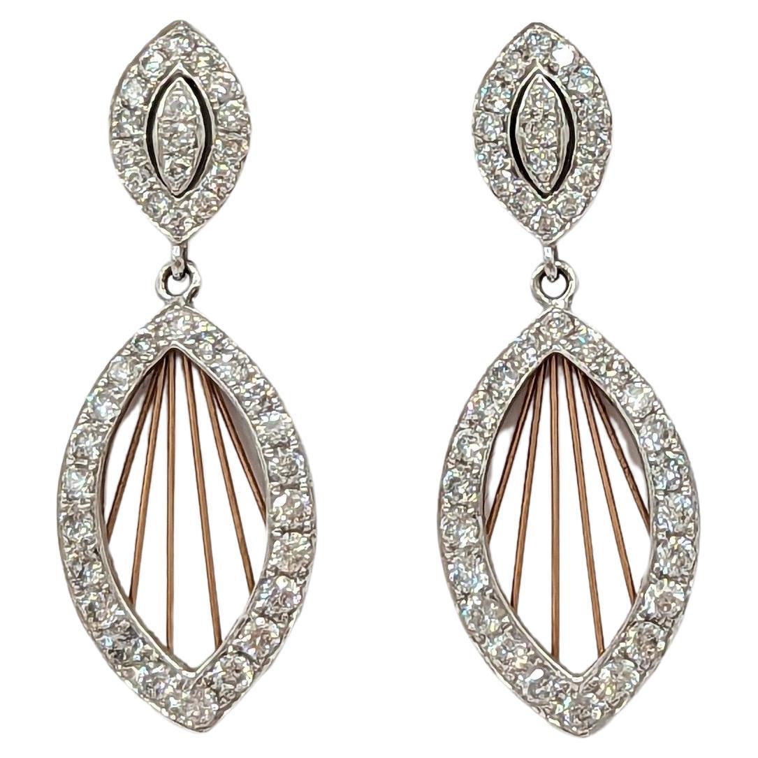 White Diamond Dream Catcher Dangle Earrings in 14K 2 Tone Gold