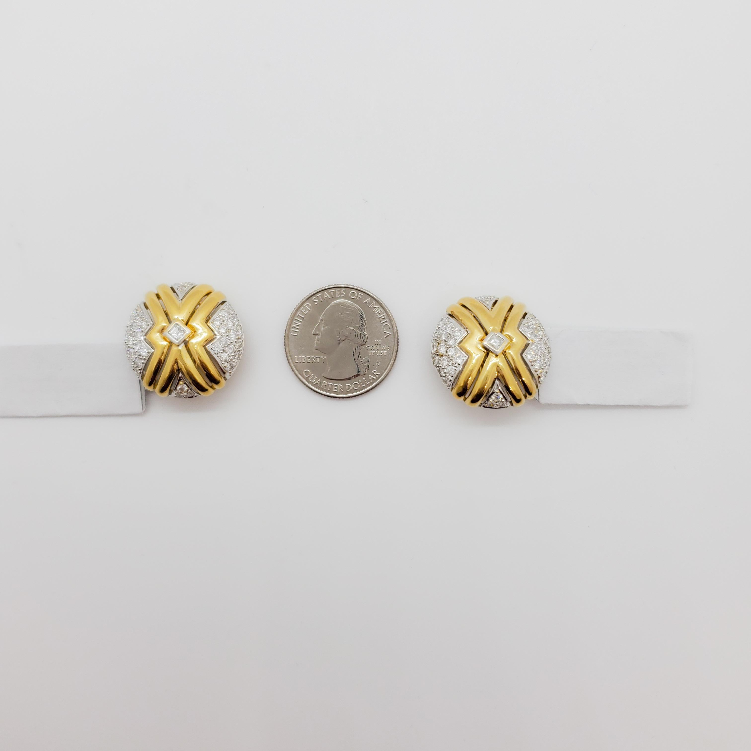 Women's or Men's White Diamond Earring Clips in 18k Two Tone Gold For Sale