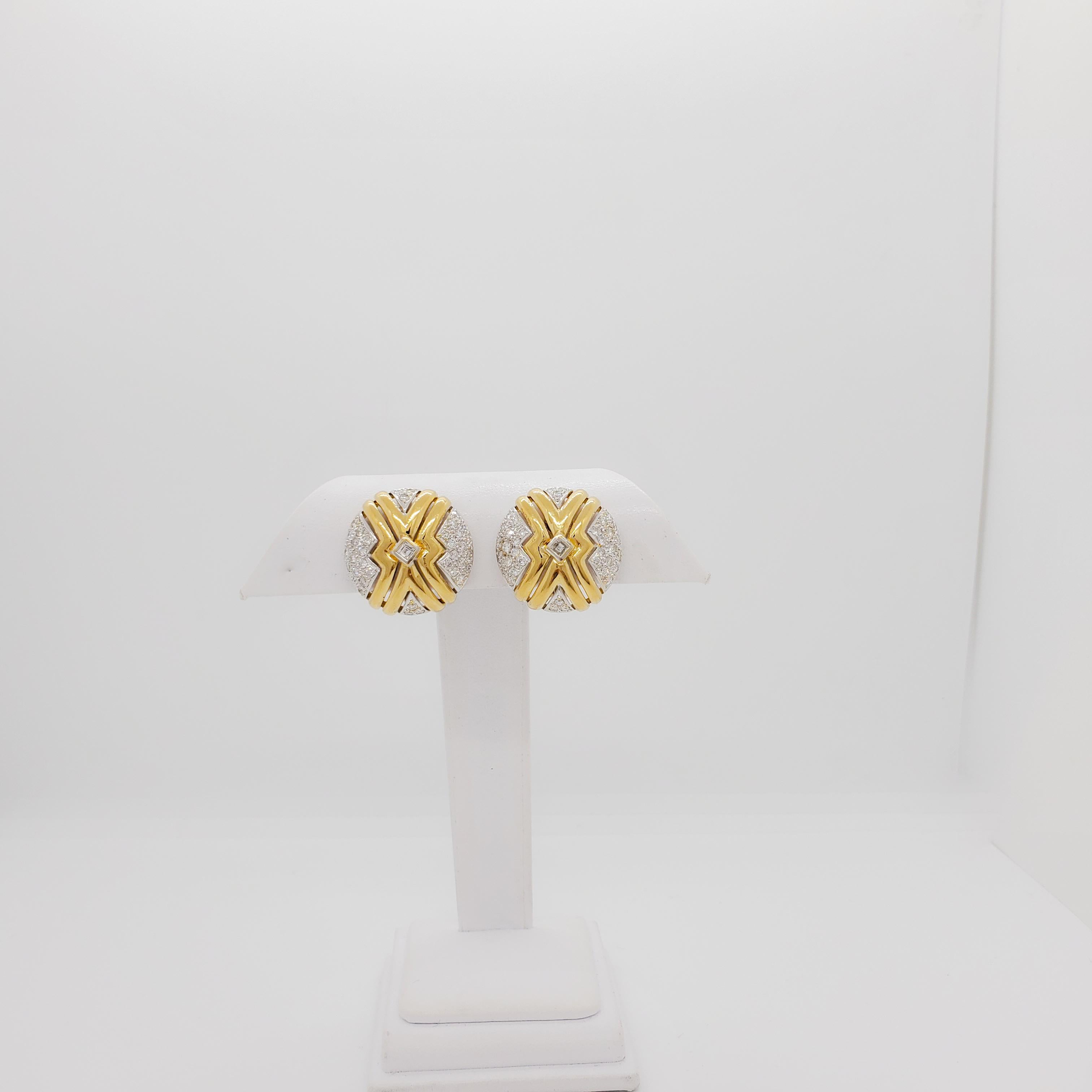 White Diamond Earring Clips in 18k Two Tone Gold For Sale 1