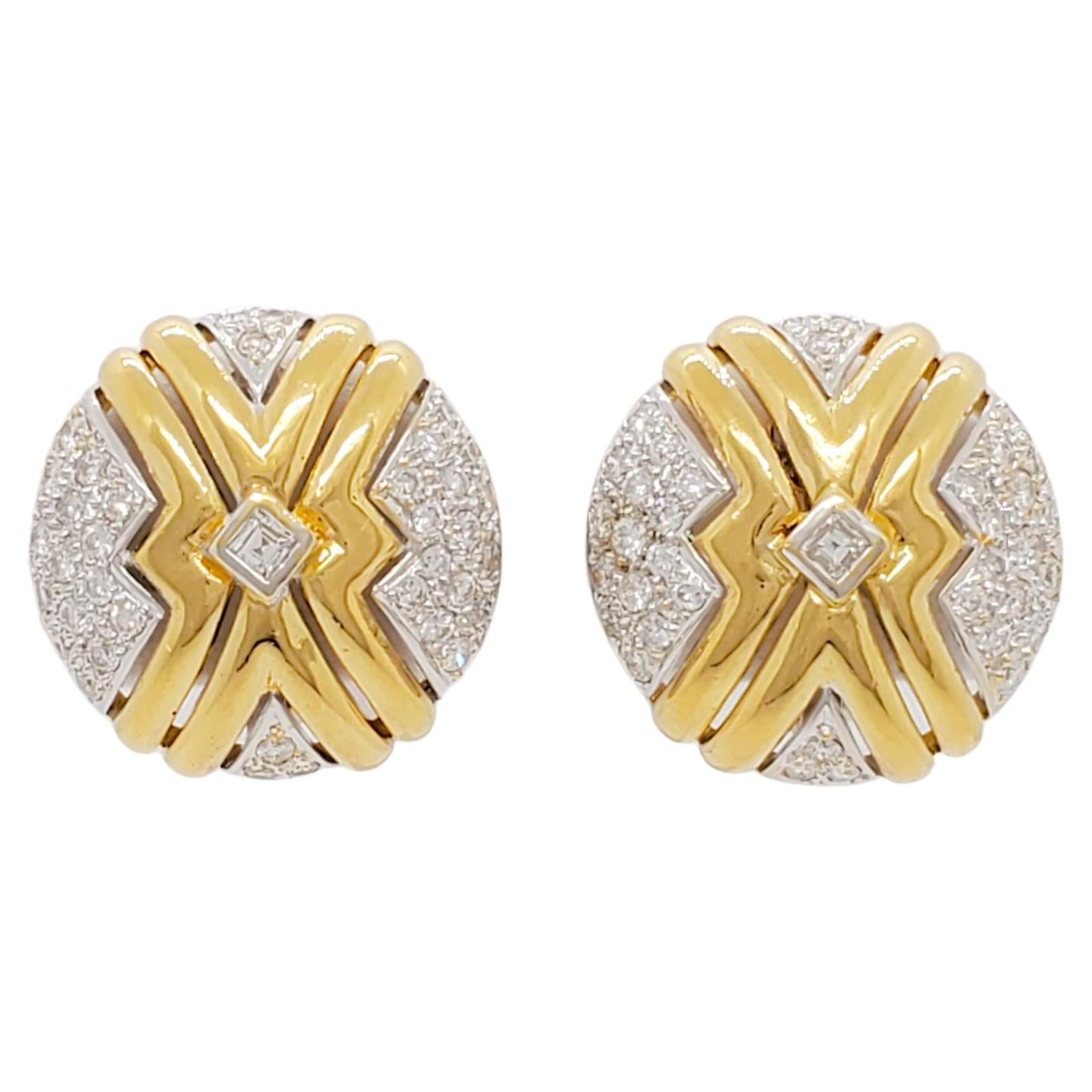 White Diamond Earring Clips in 18k Two Tone Gold For Sale