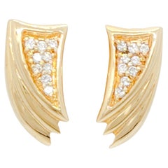 White Diamond Elongated Triangle Design Earrings in 14k Yellow Gold
