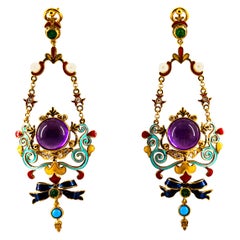 White Diamond Emerald Amethyst Turquoise Pearl Yellow Gold Clip-On Drop Earrings