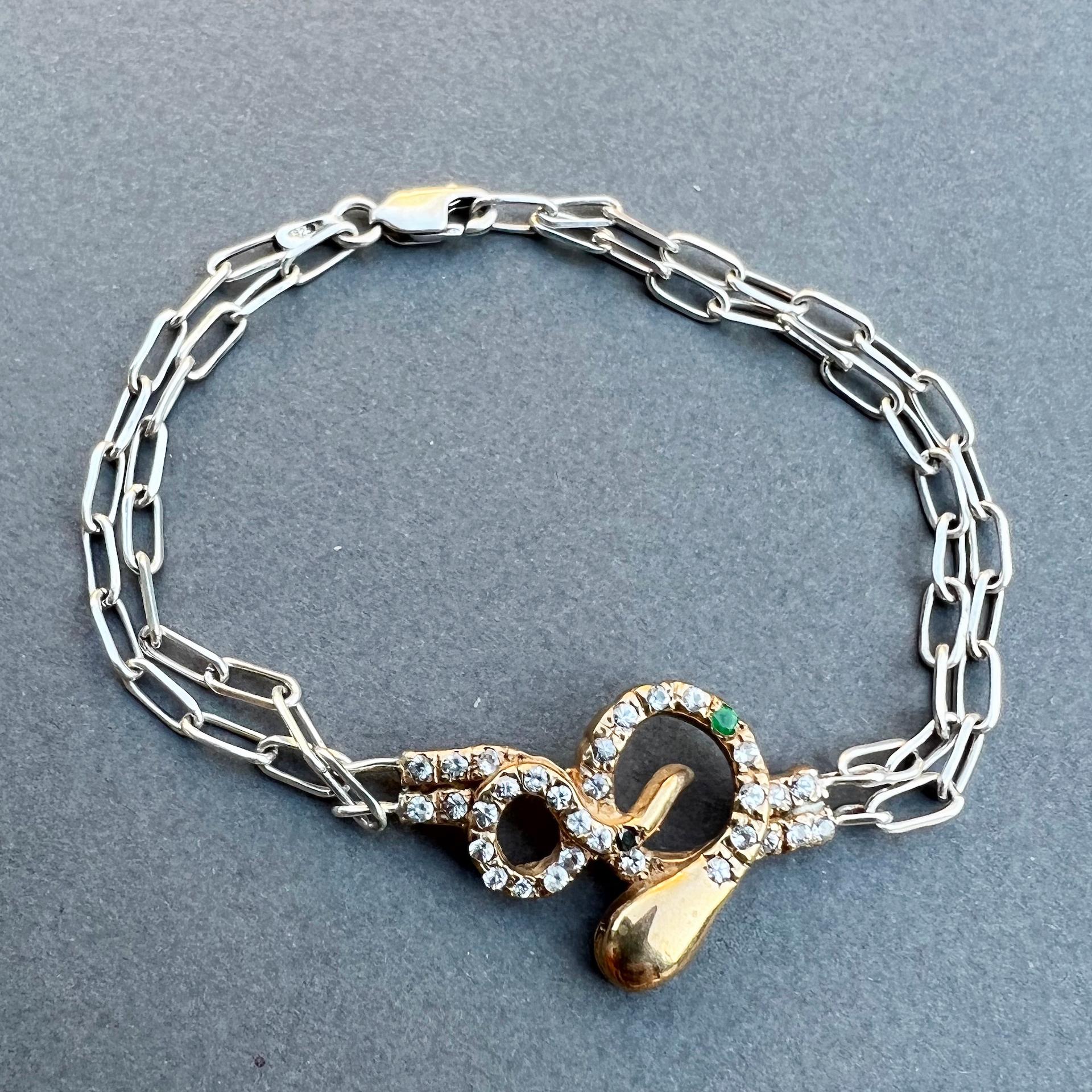 Bracelet serpent en argent avec chaîne en bronze, diamant blanc, émeraude, diamant noir et rubis en vente 5