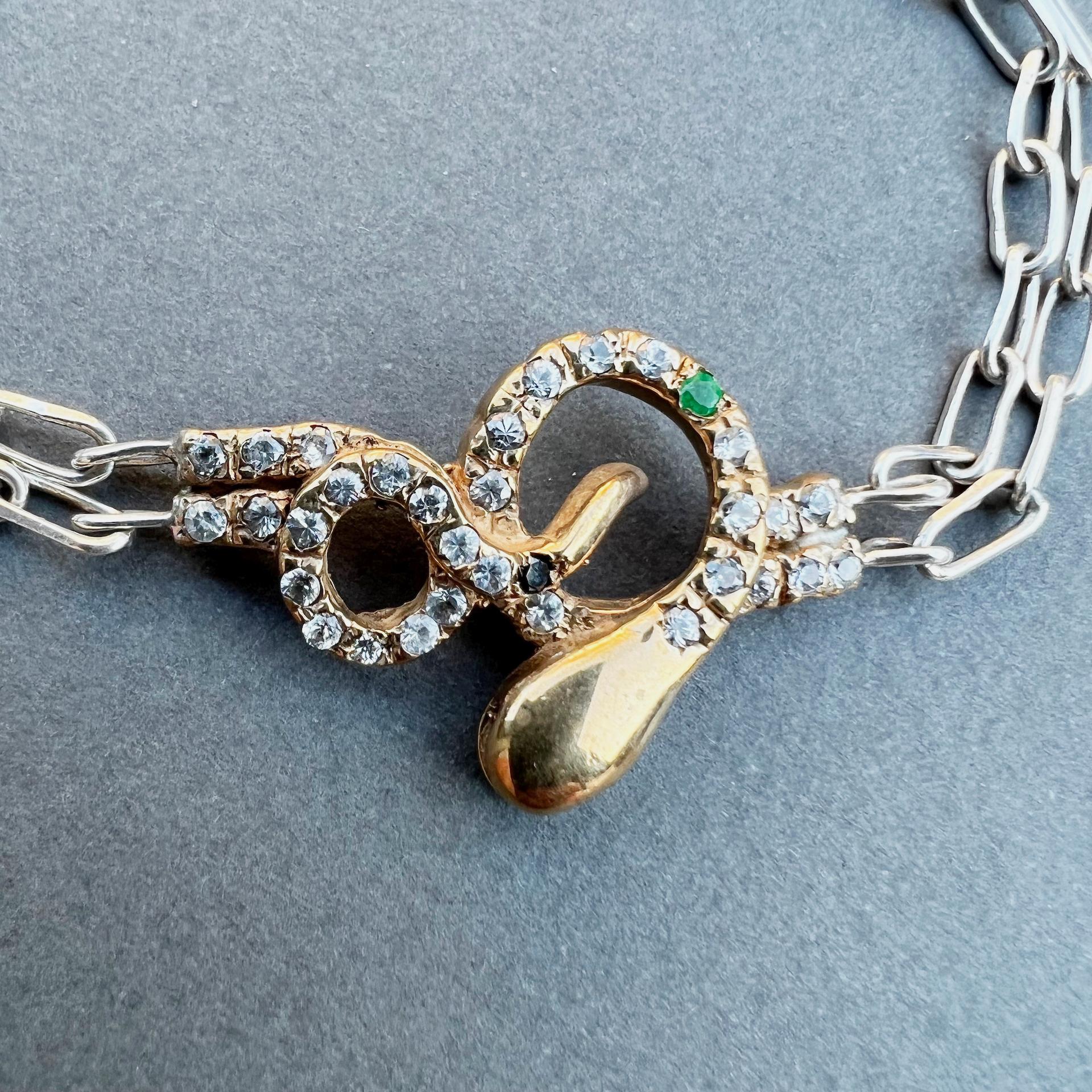 Bracelet serpent en argent avec chaîne en bronze, diamant blanc, émeraude, diamant noir et rubis en vente 8