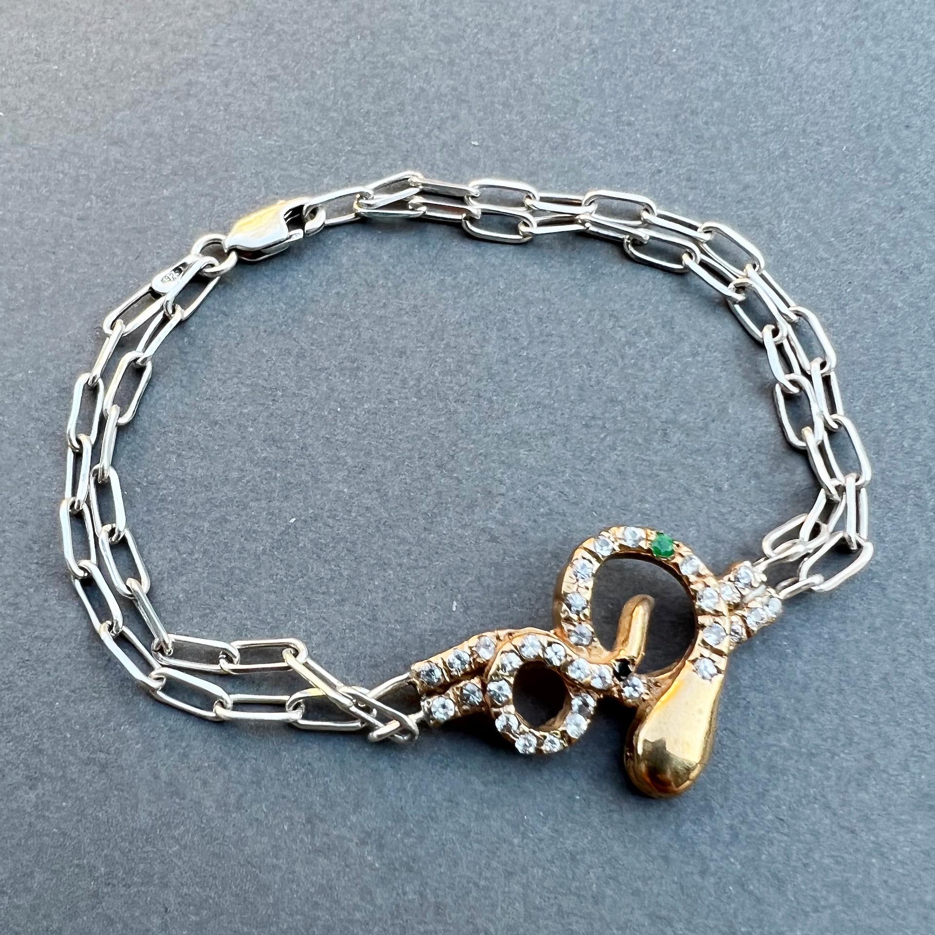 Bracelet serpent en argent avec chaîne en bronze, diamant blanc, émeraude, diamant noir et rubis en vente 1