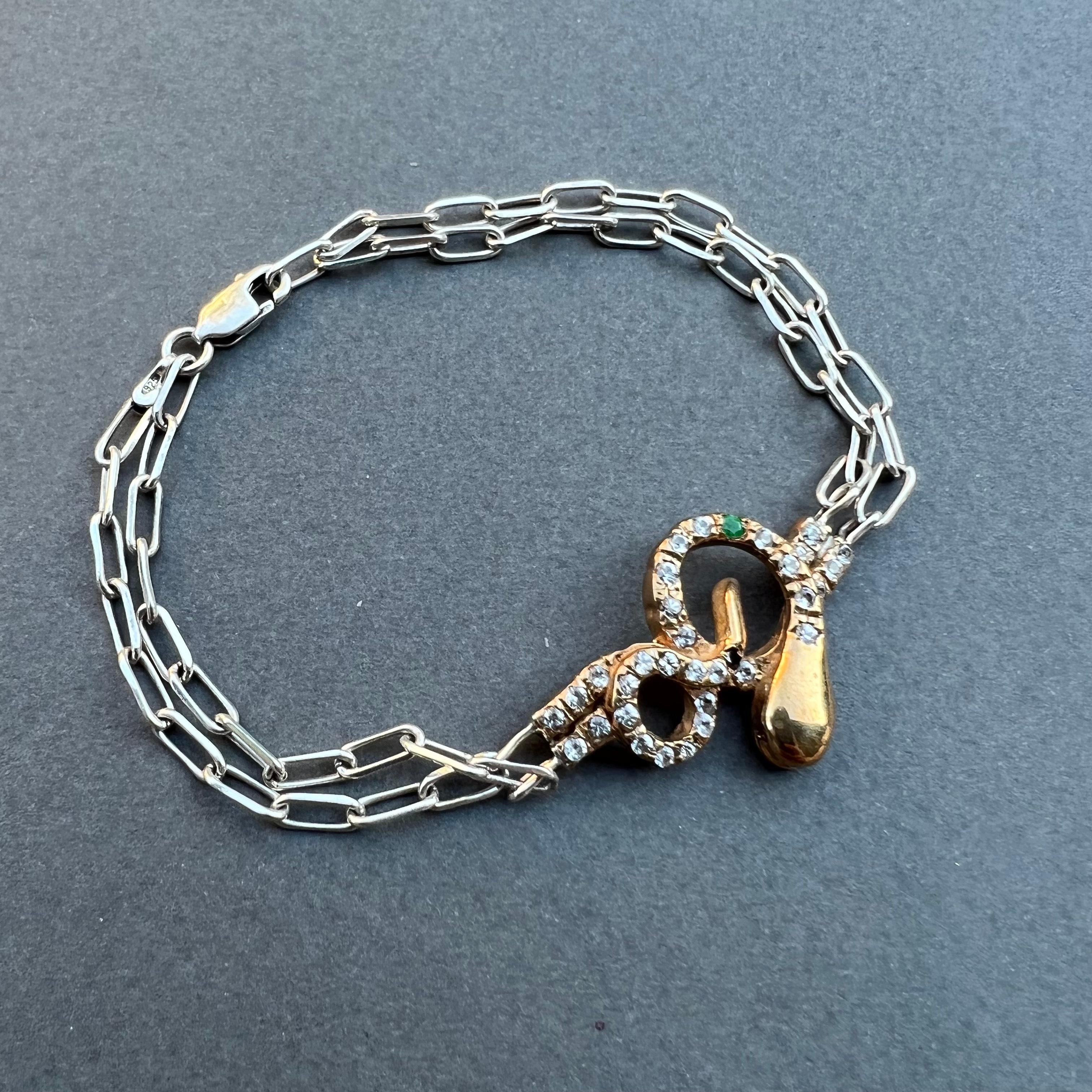 Bracelet serpent en argent avec chaîne en bronze, diamant blanc, émeraude, diamant noir et rubis en vente 2