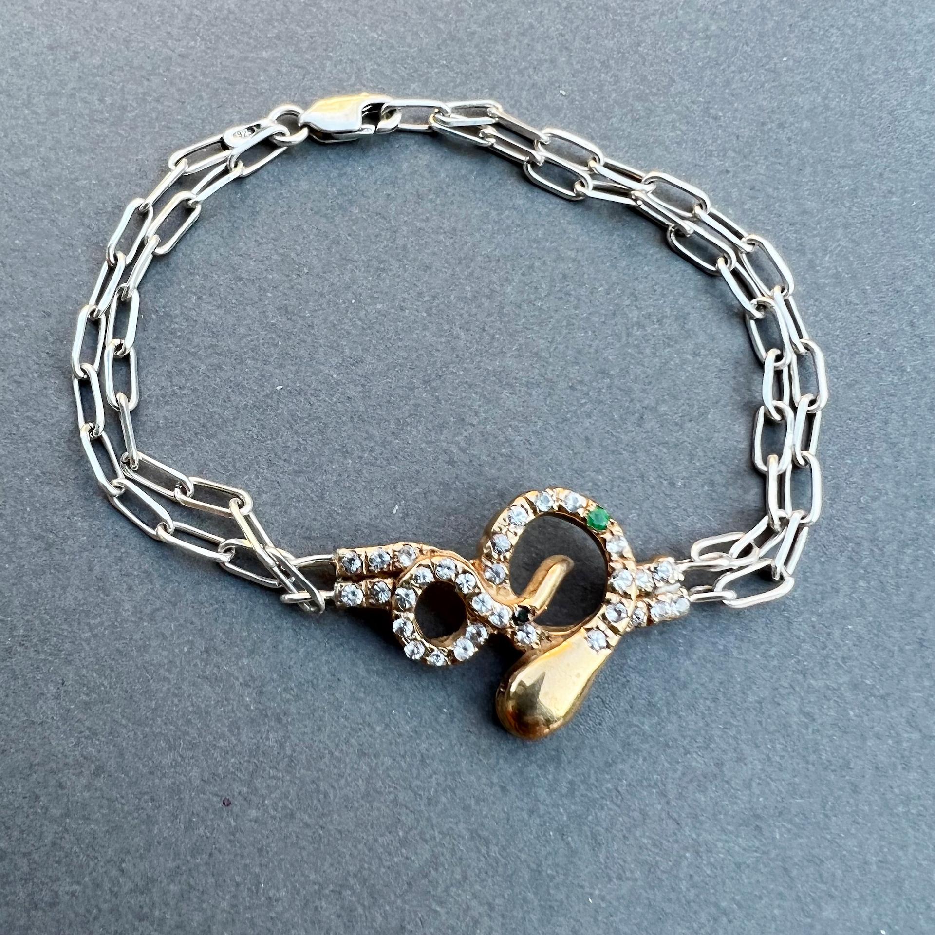 Bracelet serpent en argent avec chaîne en bronze, diamant blanc, émeraude, diamant noir et rubis en vente 4