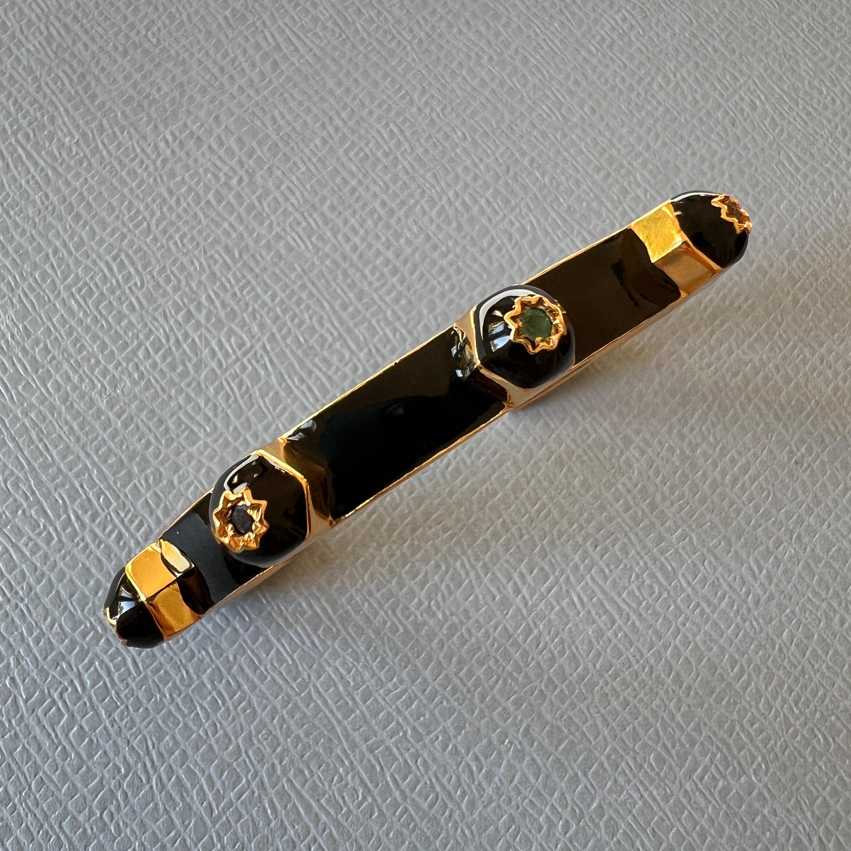 Victorian Black Enamel Chakra Cuff Bracelet Ruby, Sapphire, Emerald, and Diamond For Sale