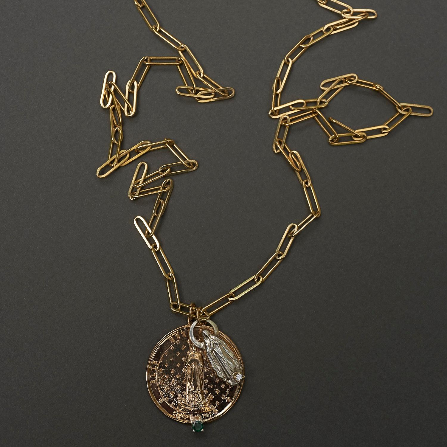 Brilliant Cut Chain Necklace Medal Chunky Chain White Diamond Emerald Silver Bronze J Dauphin For Sale