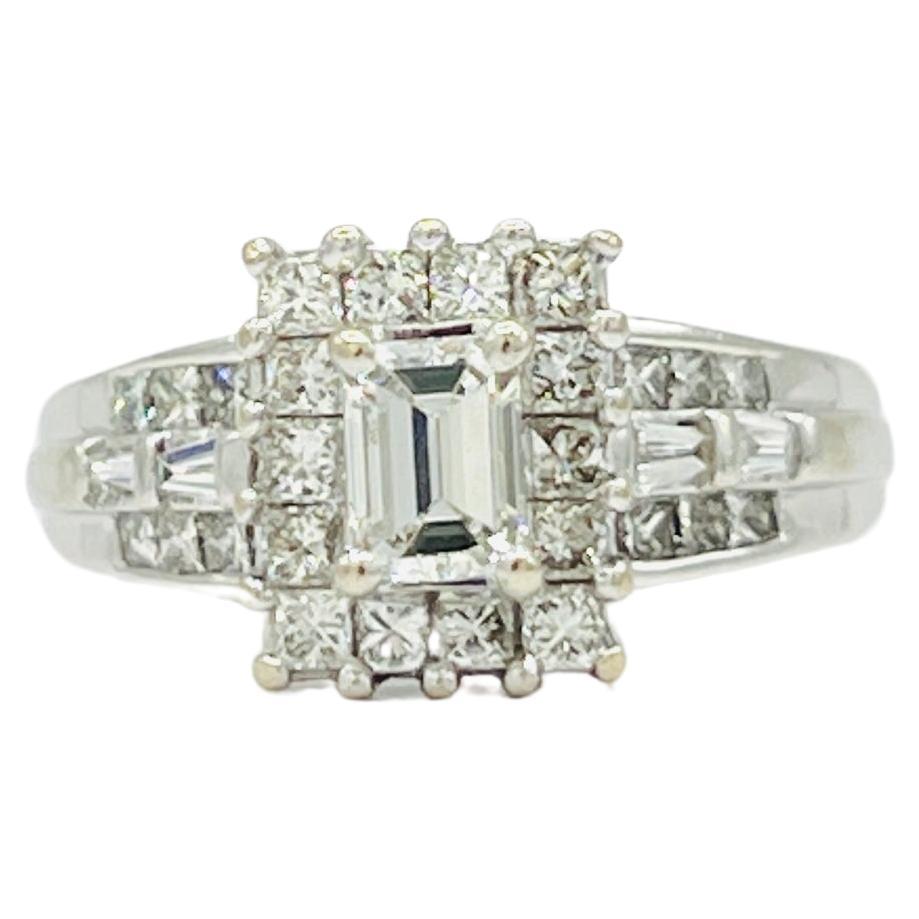 White Diamond Emerald Cut, Baguette and Round Ring in 18K White Gold