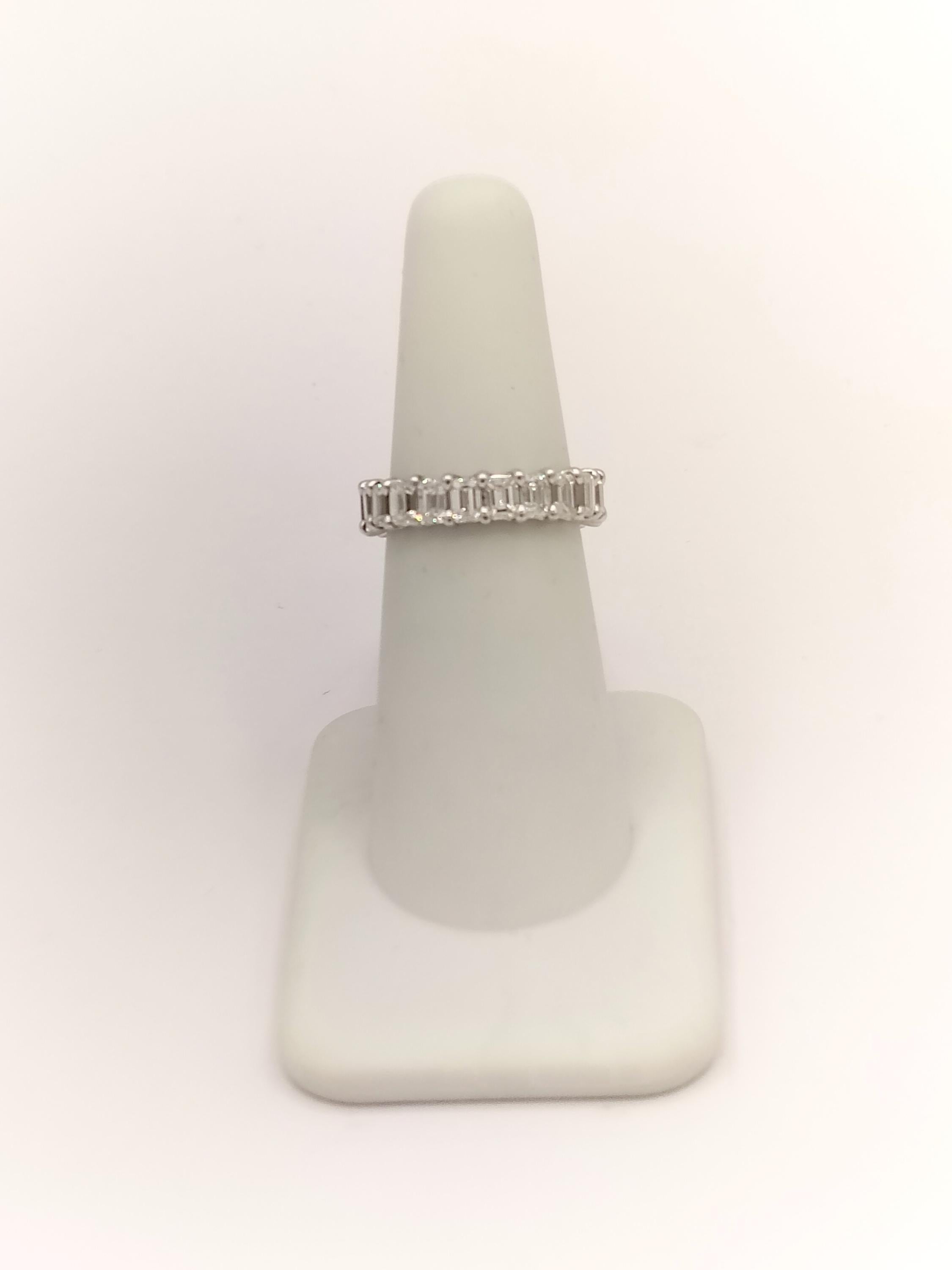 Women's or Men's White Diamond Emerald Cut Eternity Band Ring in 18K White Gold For Sale