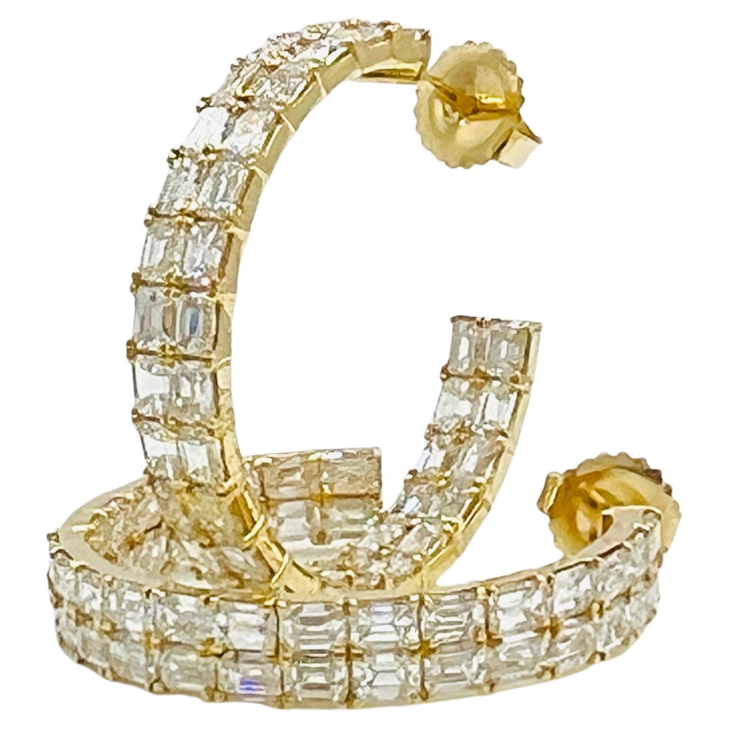 White Diamond Emerald Cut In & Out Semi Hoop Earrings in 18K Yellow Gold
