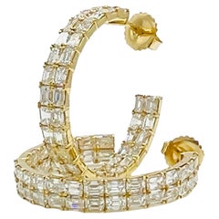 White Diamond Emerald Cut In & Out Semi Hoop Earrings in 18K Yellow Gold