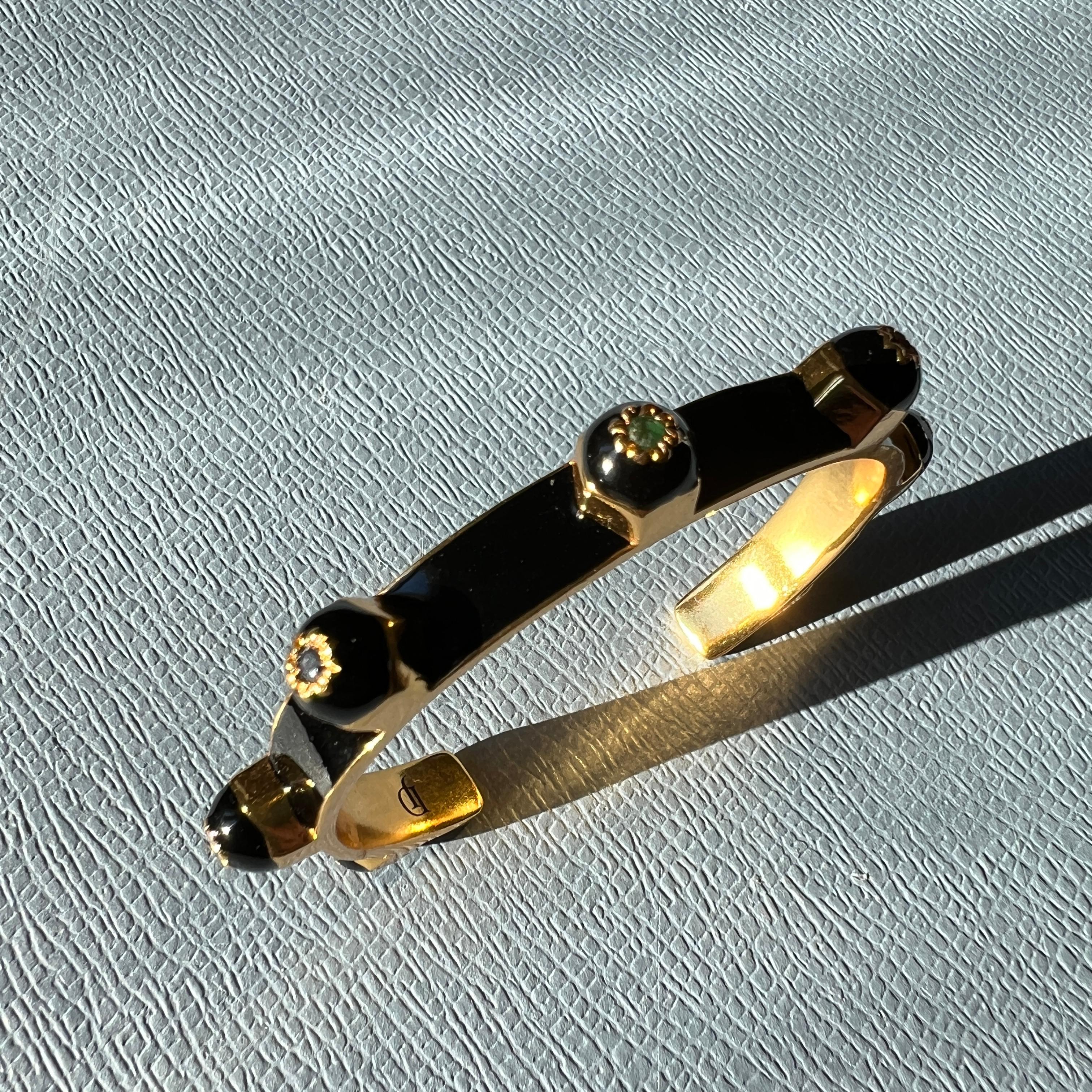 Black Enamel Chakra Cuff Bracelet with Ruby, Sapphire, Emerald, and Diamond For Sale 7