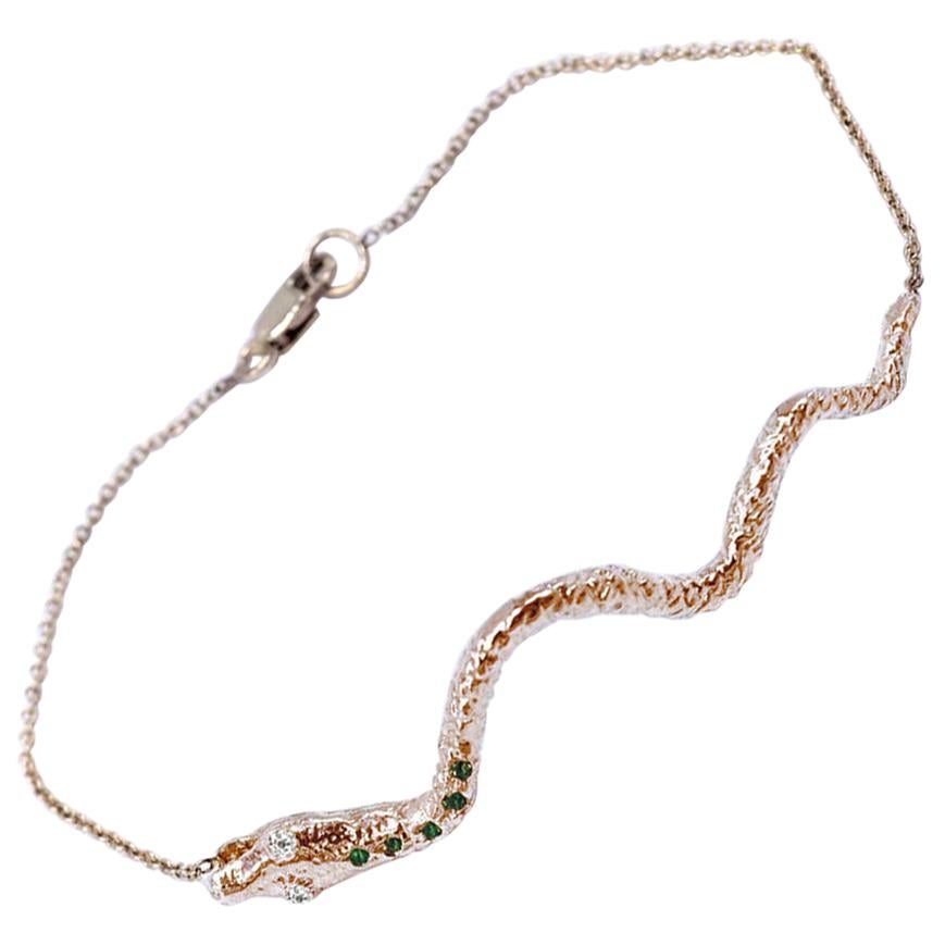 J Dauphin Bracelet serpent en or avec chaîne en or et diamants blancs et émeraudes