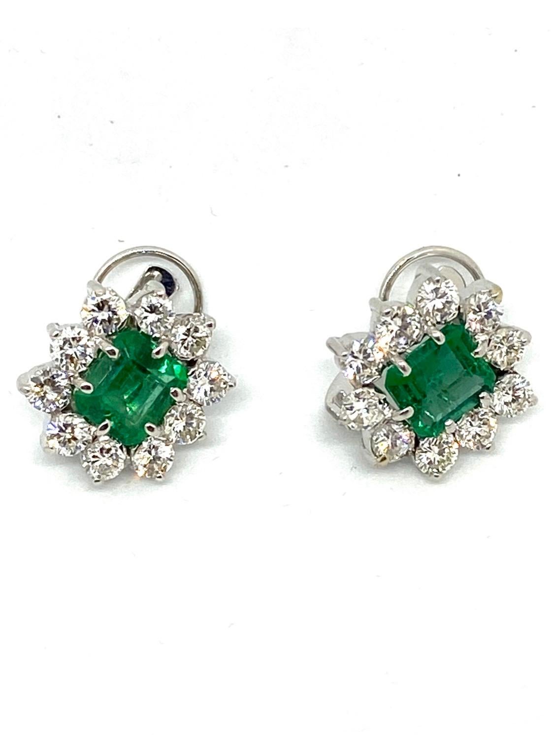 Emerald Cut White Diamond Emerald Gold Stud Earrings