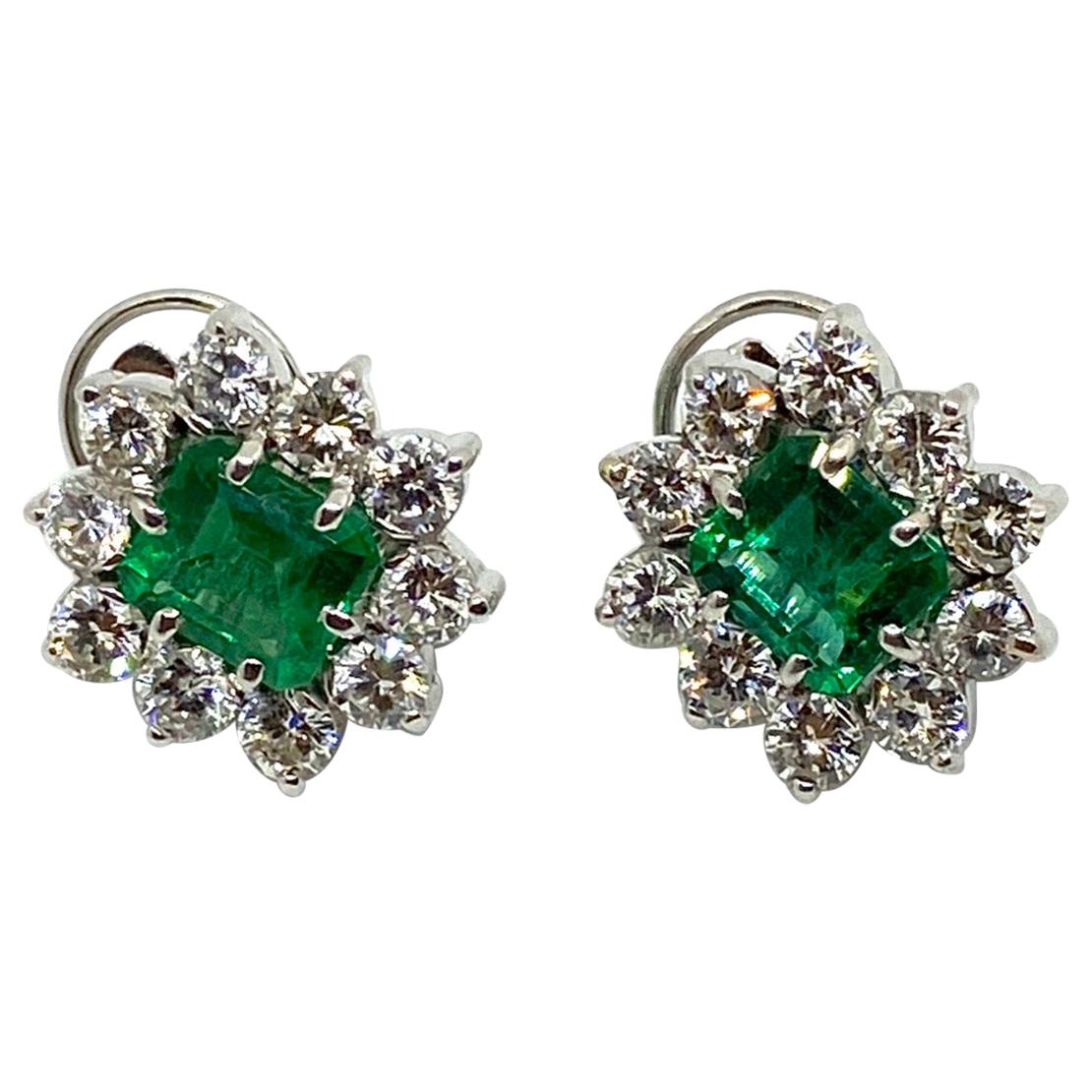 White Diamond Emerald Gold Stud Earrings