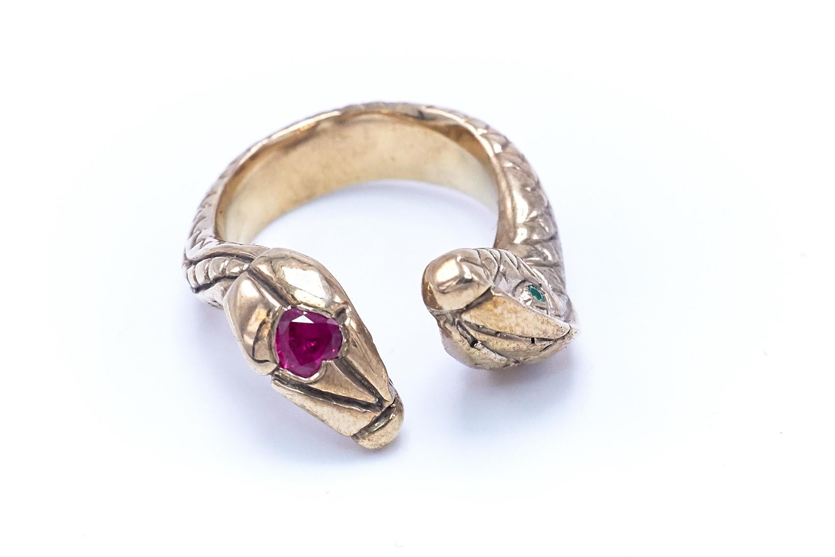 Victorian White Diamond Emerald Heart Ruby Snake Cocktail Bronze Ring J Dauphin For Sale