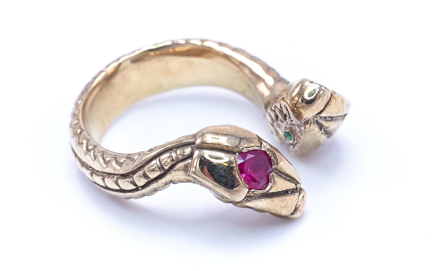 Emerald Cut White Diamond  Emerald Heart Ruby Snake Cocktail  Bronze Ring  J Dauphin For Sale