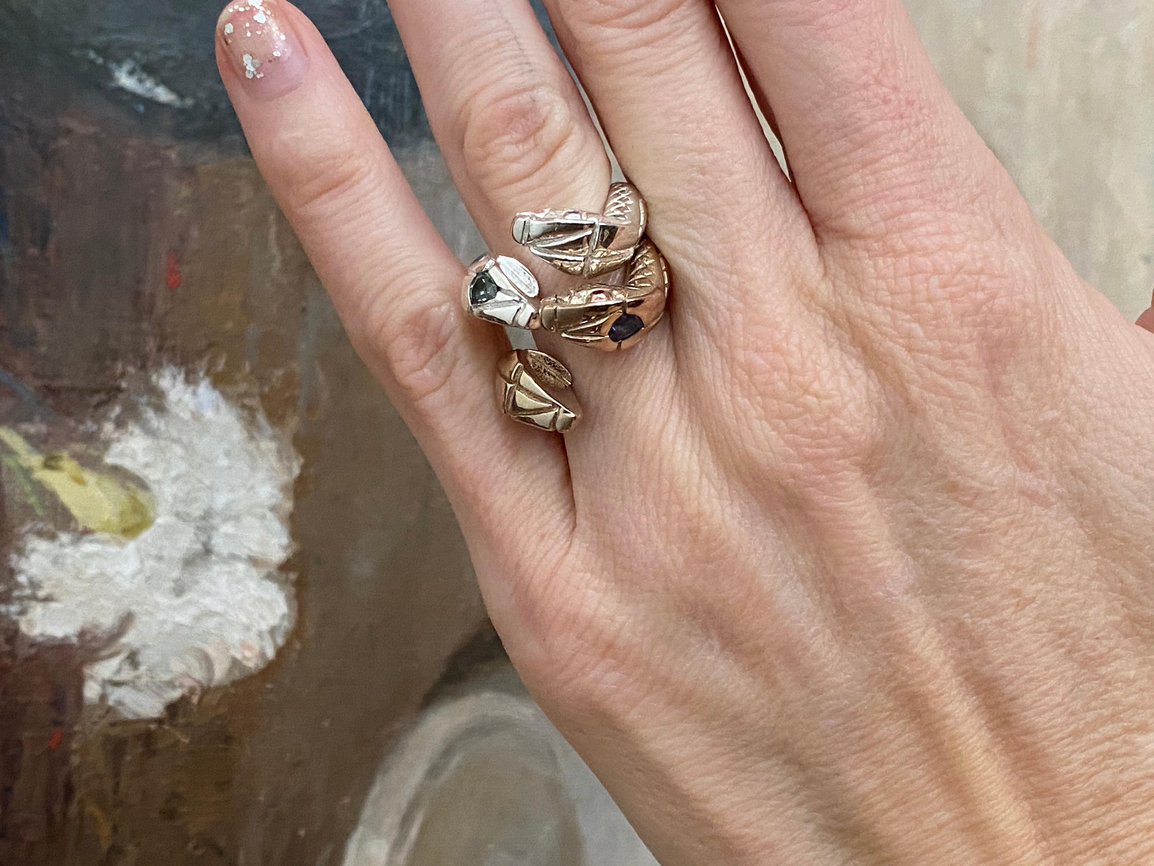 White Diamond  Emerald Heart Ruby Snake Cocktail  Bronze Ring  J Dauphin For Sale 3