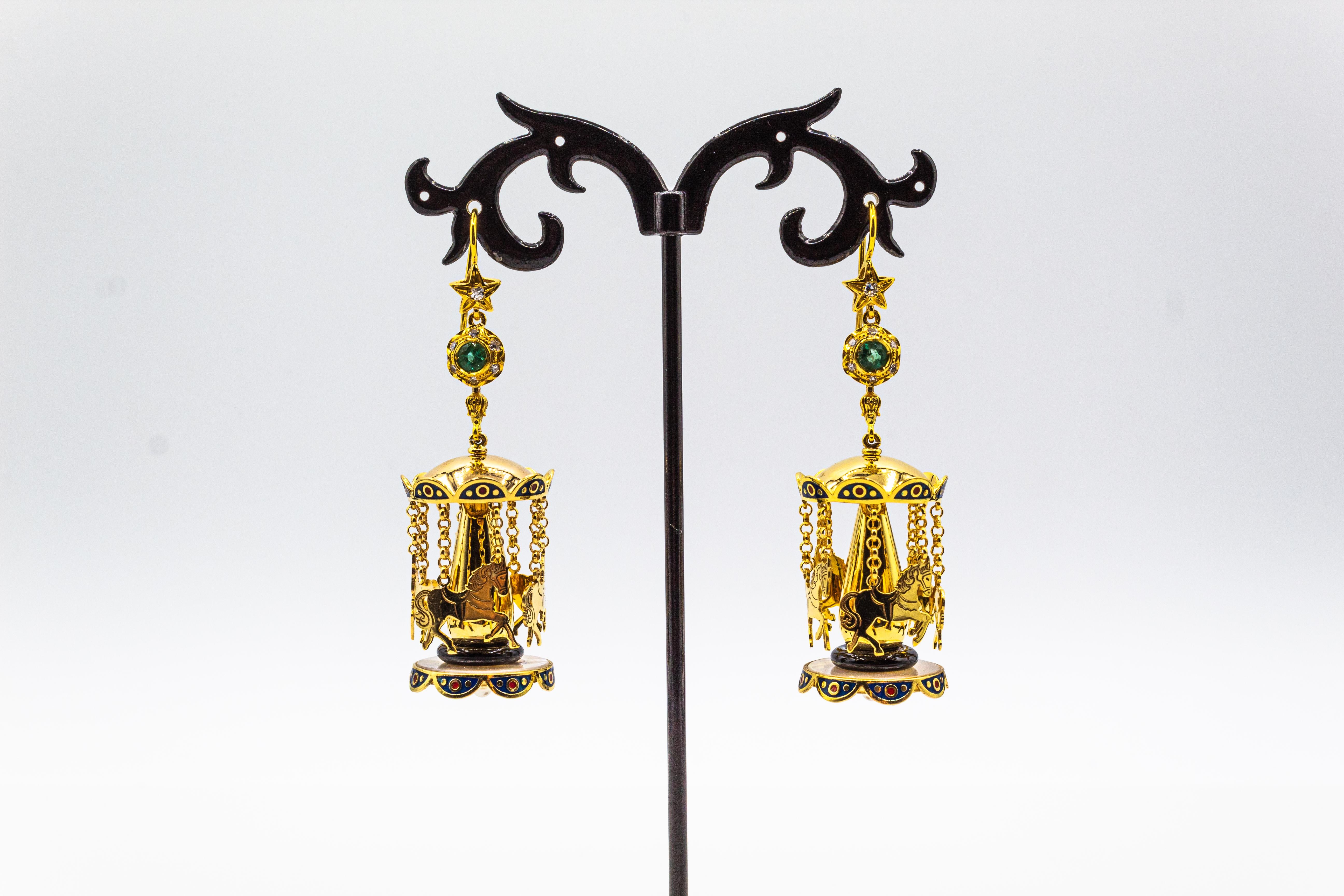 These Stud Earrings are made of 9K Yellow Gold.
These Earrings have 0.25 Carats of White Brilliant Cut Diamonds.
These Earrings have 0.50 Carats of Emeralds.
These Earrings have Mother of Pearl and Onyx.
These Earrings have also Enamel and