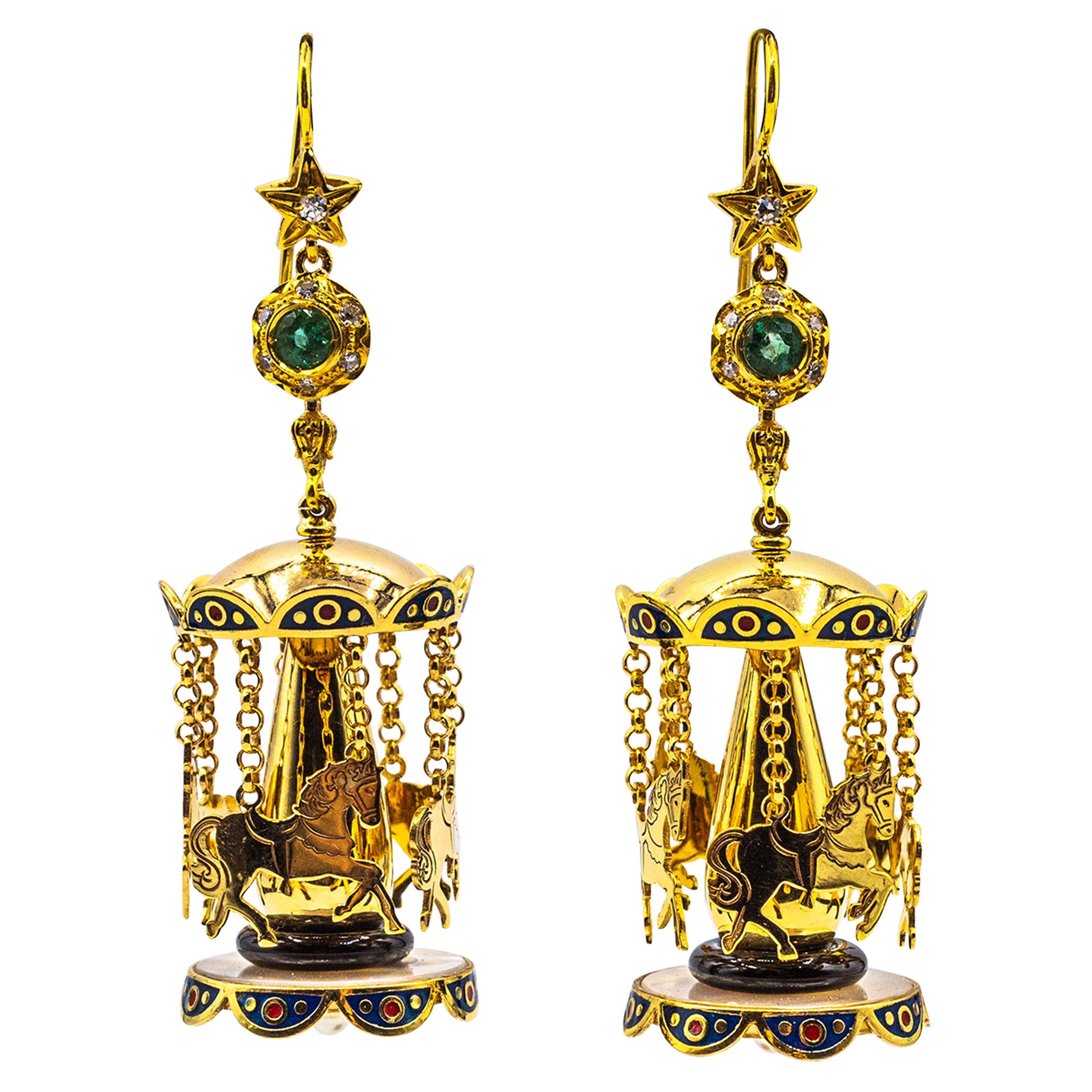 White Diamond Emerald Onyx Pearl Enamel Yellow Gold Stud "Carousel" Earrings